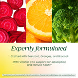 MegaFood etiqueta nutricional mostrando hierro y vitaminas clave