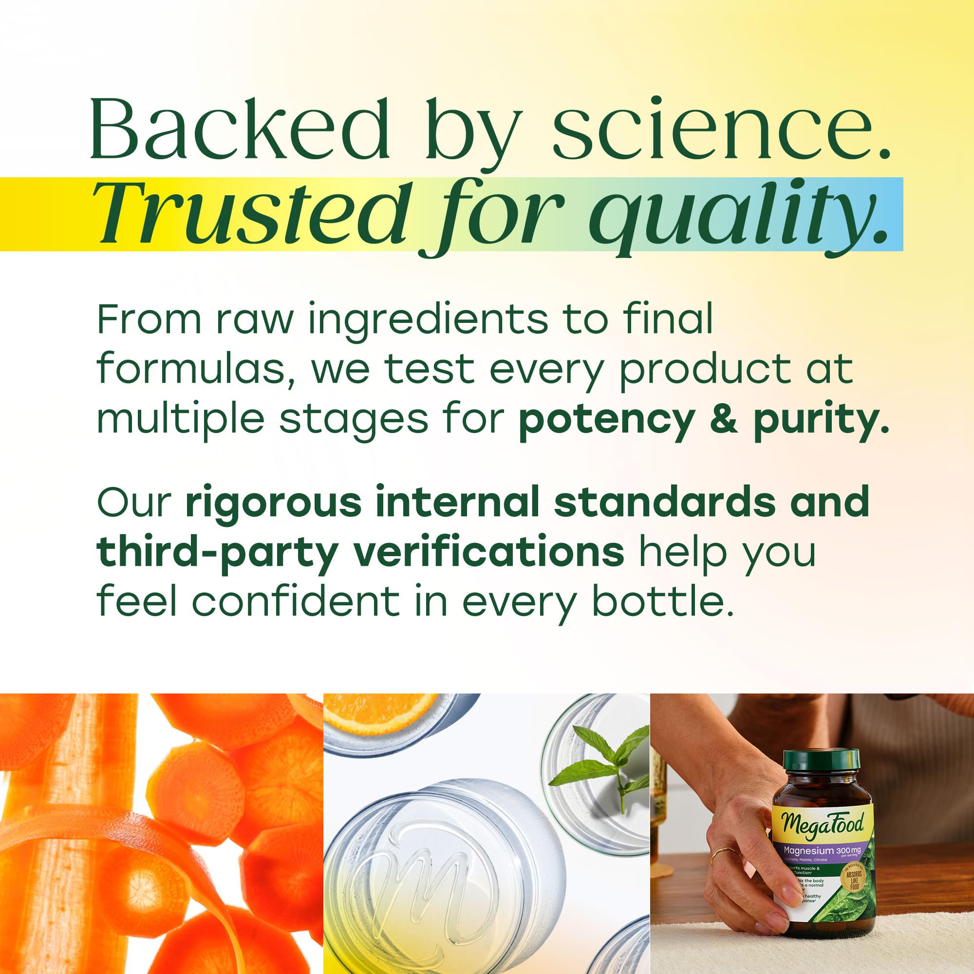 MegaFood envase y materiales de empaque que resaltan certificaciones