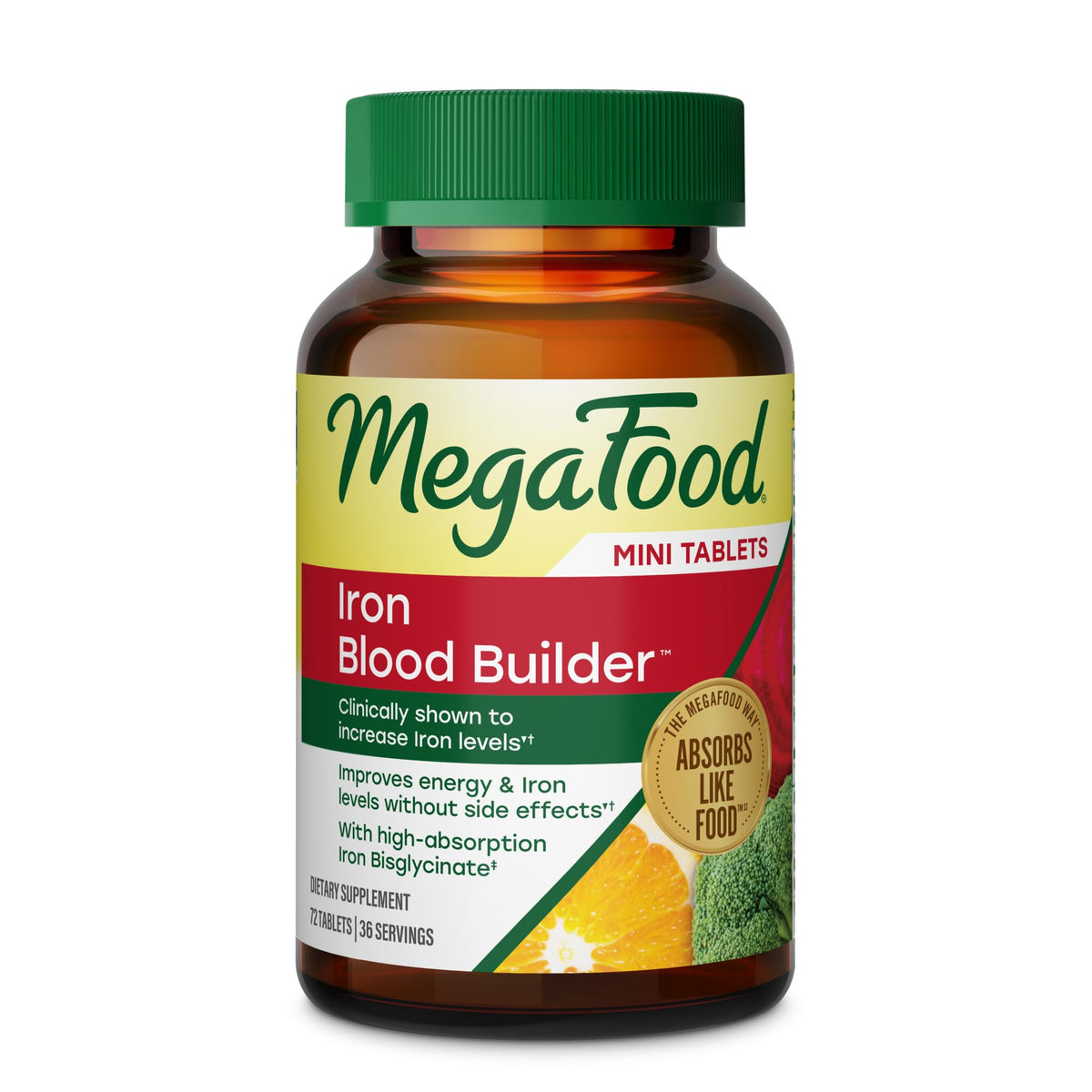 MegaFood botella frontal mostrando el envase y beneficios clave