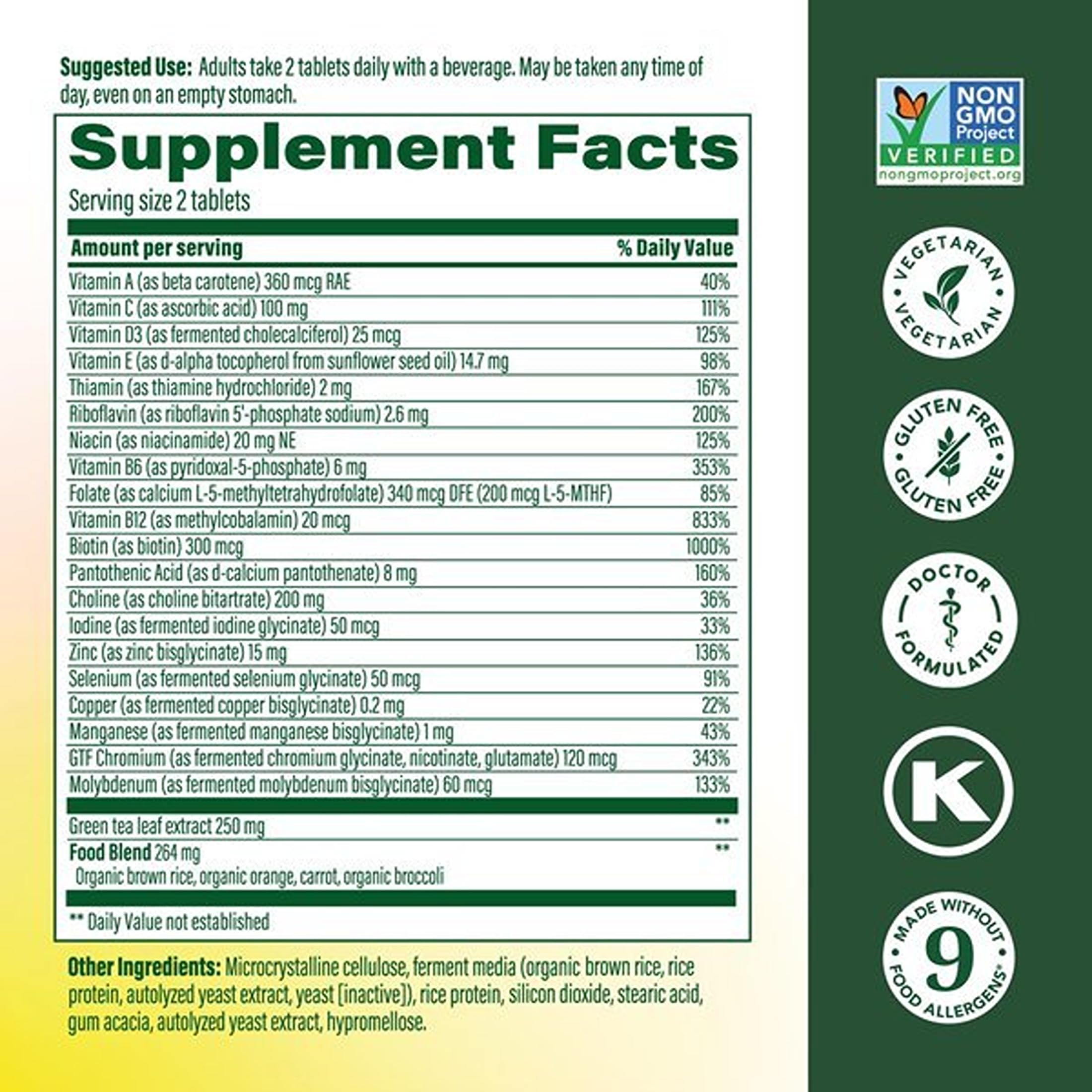 MegaFood etiqueta con lista de nutrientes activos para mejor absorción