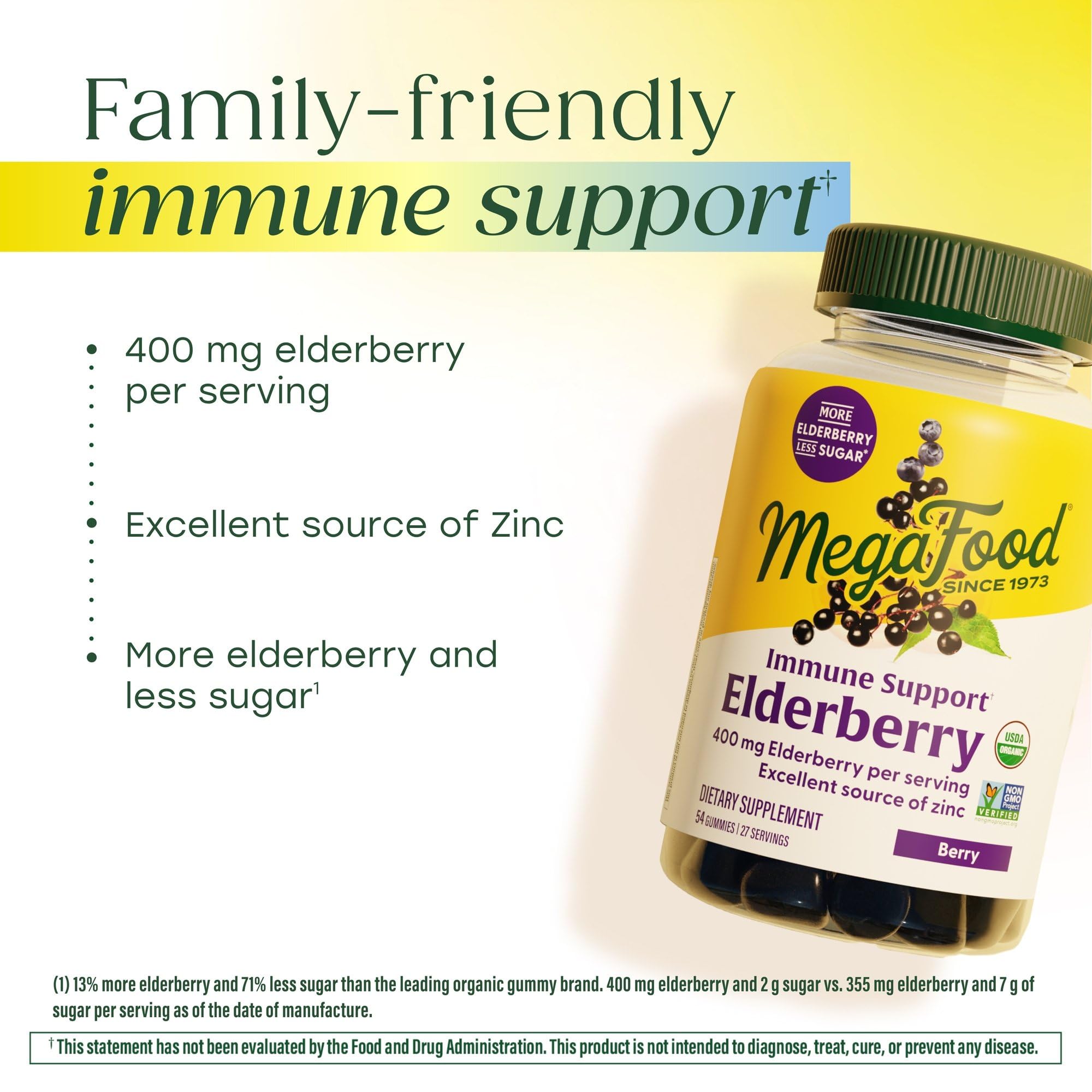 Etiqueta nutricional de MegaFood Elderberry mostrando 400 mg saúco y 6 mg zinc por porción