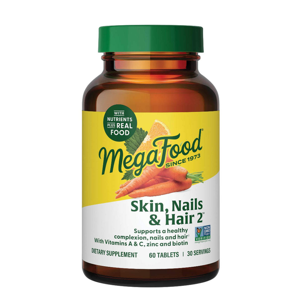 MegaFood frasco frontal con diseño claro y beneficio de apoyo para piel