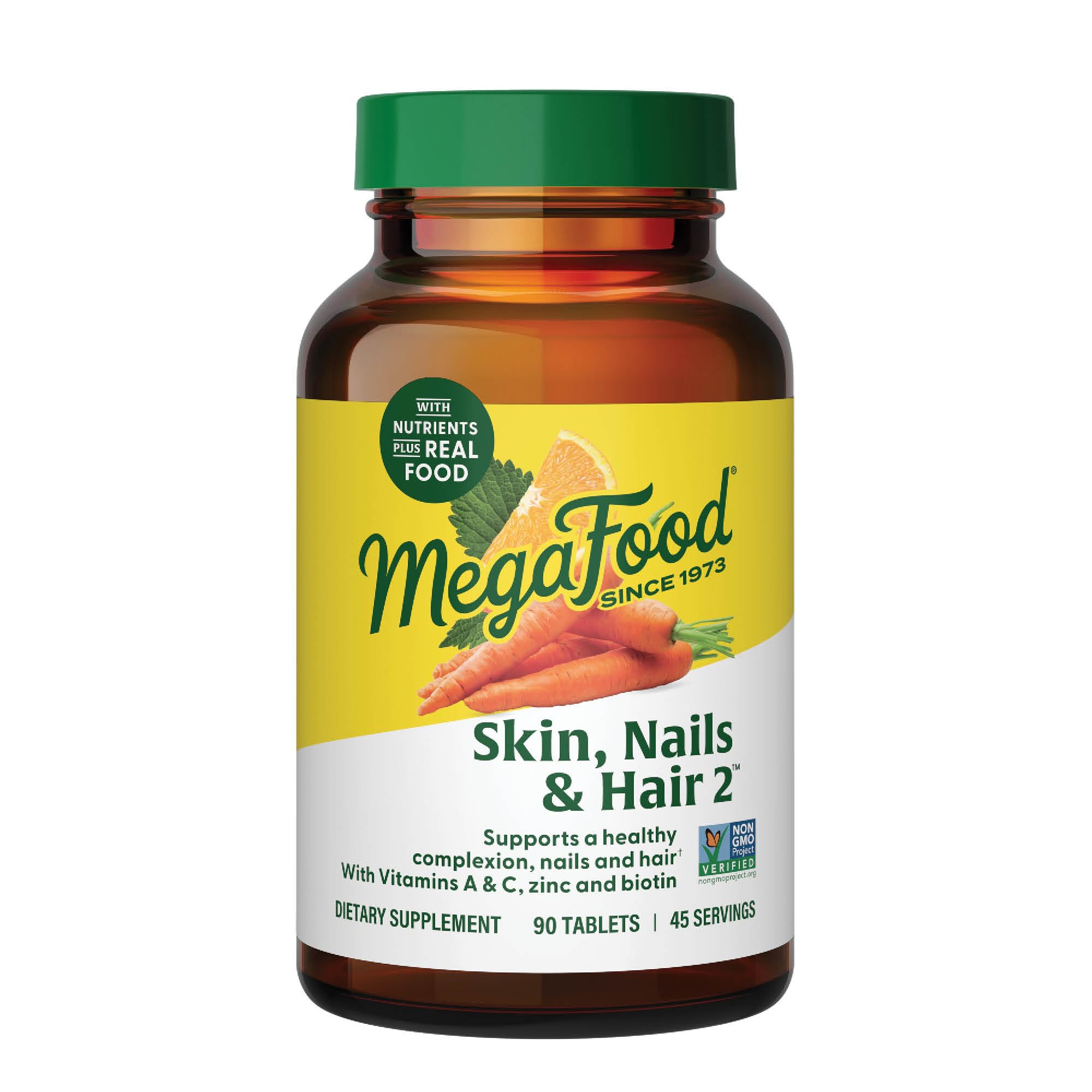 MegaFood frasco frontal mostrando diseño y cantidad, facilita reconocimiento del producto