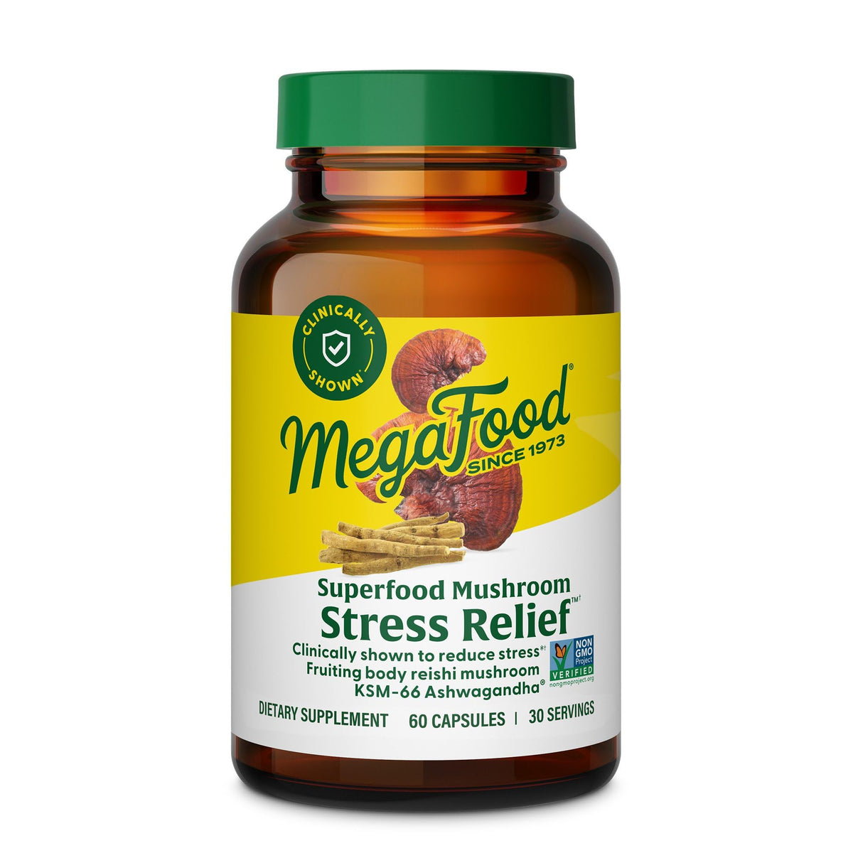 MegaFood frasco frontal con etiqueta visible y beneficio de apoyo al estrés