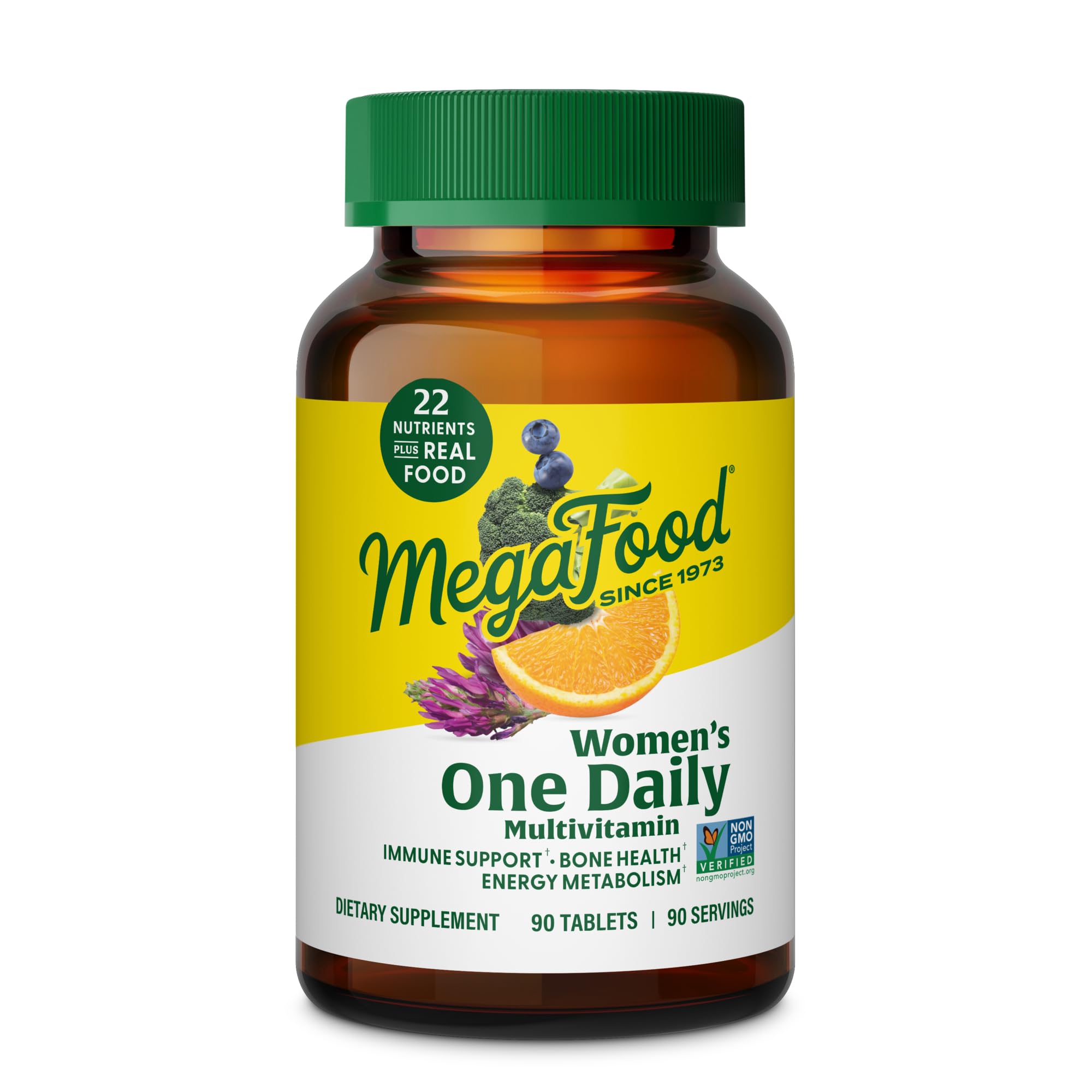 MegaFood frasco frontal mostrando diseño y beneficios clave
