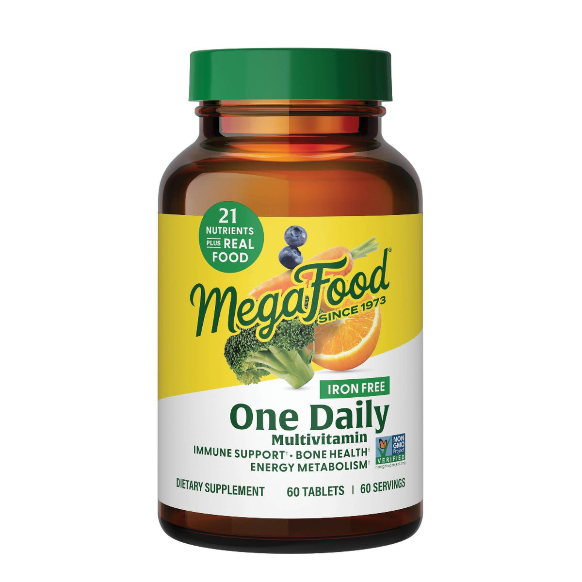 MegaFood frasco frente mostrando 60 tabletas y beneficios claros