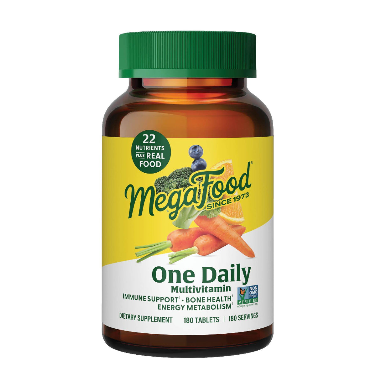 MegaFood frente del envase mostrando 180 tabletas y beneficios principales