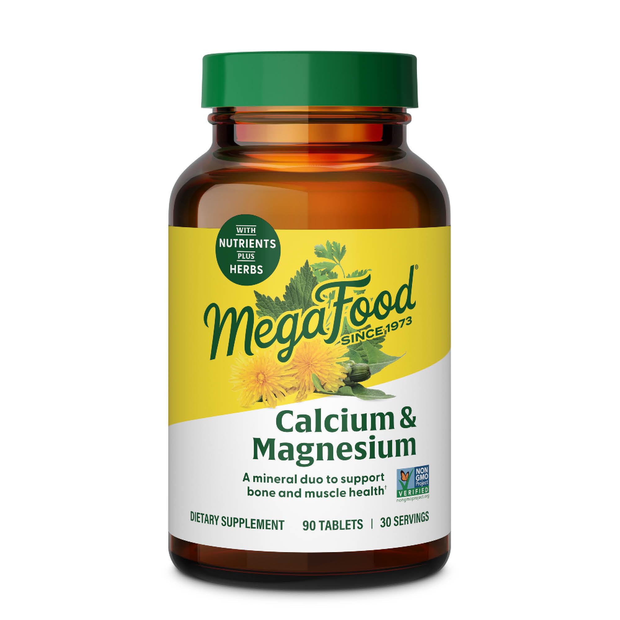 MegaFood envase frontal de Calcium and Magnesium mostrando beneficios claros