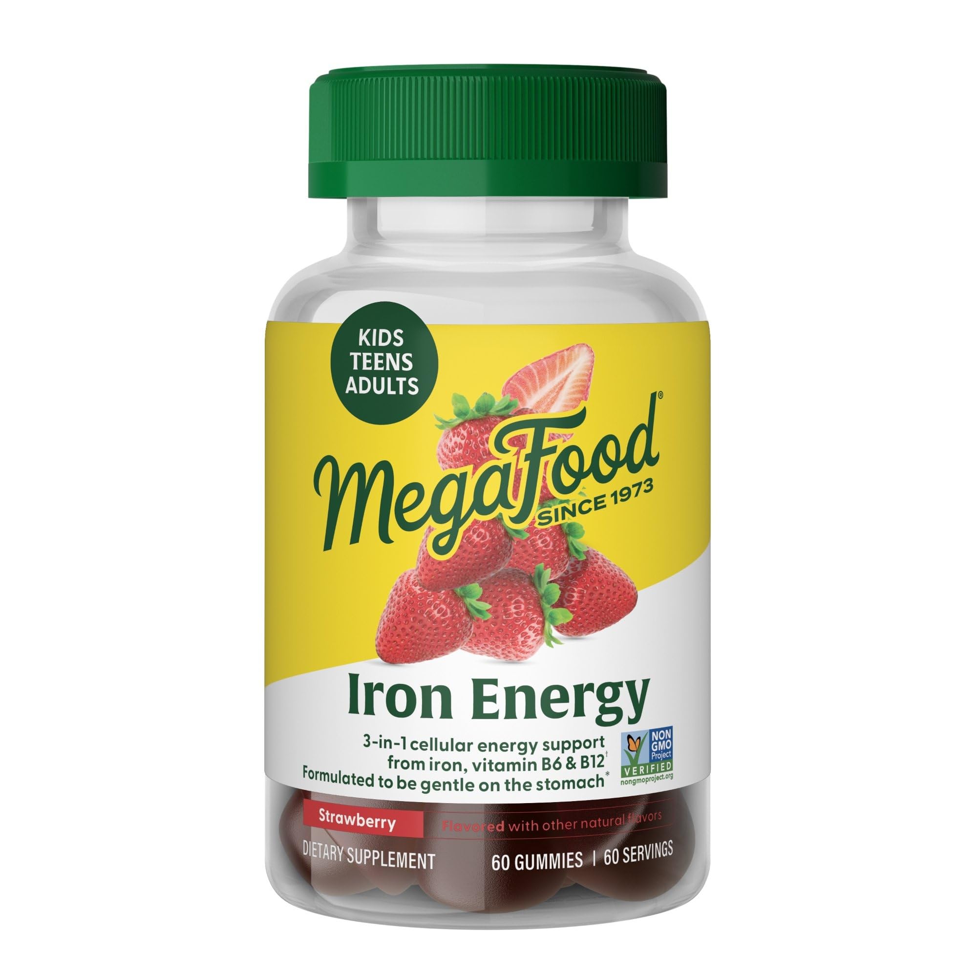 MegaFood envase frontal de gominolas hiero, fácil identificación y uso