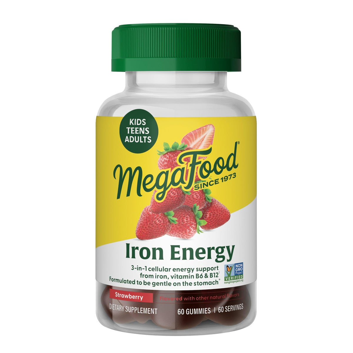 MegaFood envase frontal de gominolas hiero, fácil identificación y uso