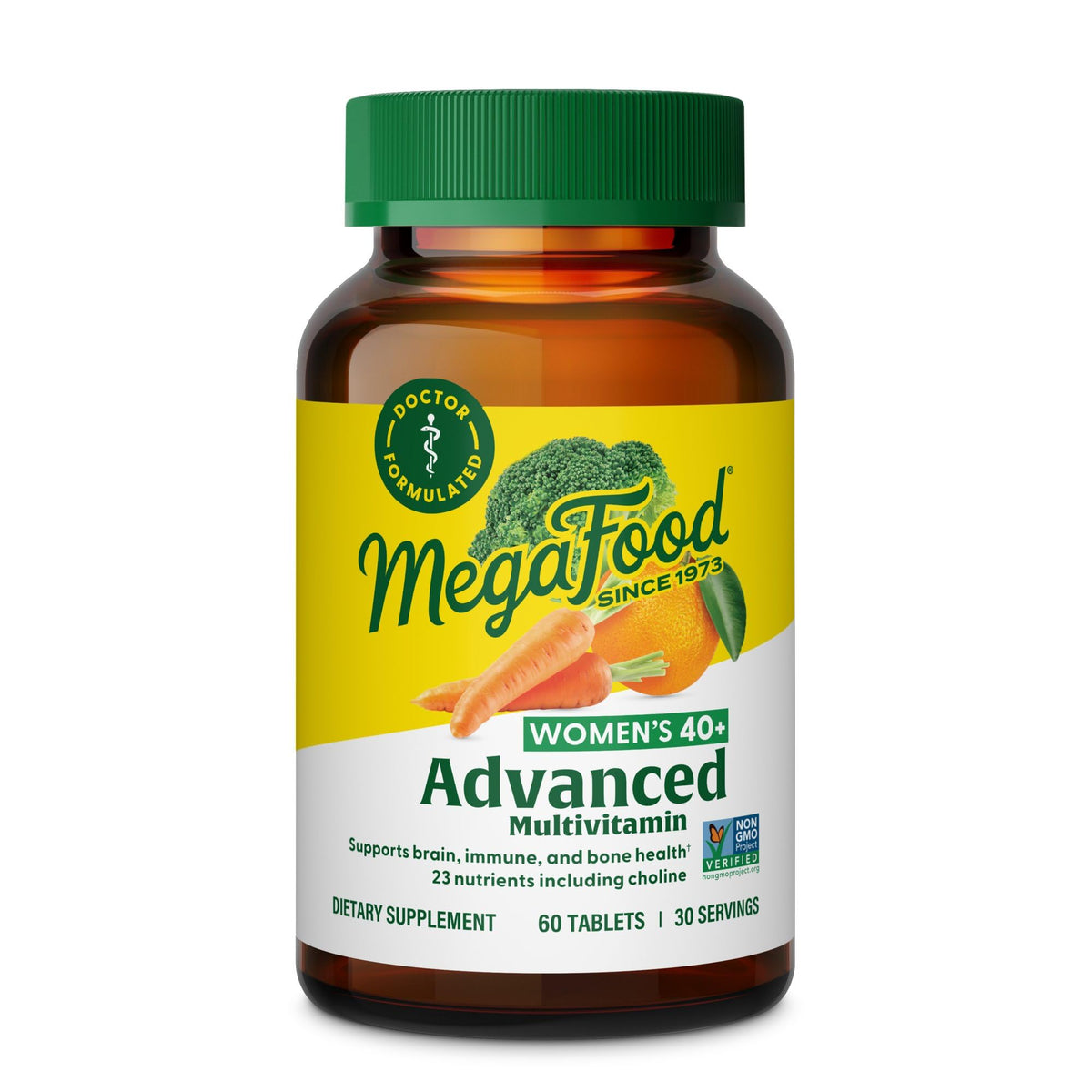 MegaFood envase frontal mostrando multivitaminas 40+ y beneficios nutricionales