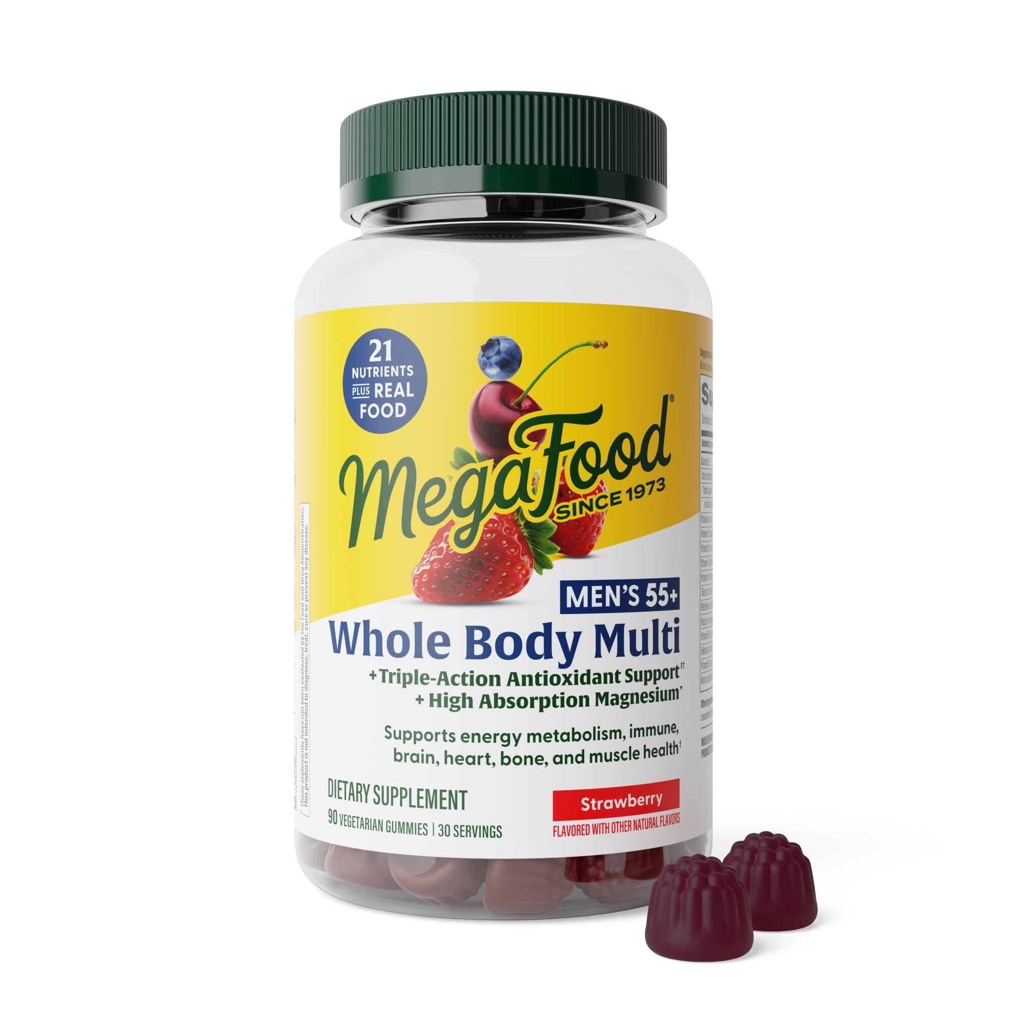 MegaFood frasco frontal mostrando 90 gominolas y beneficio práctico