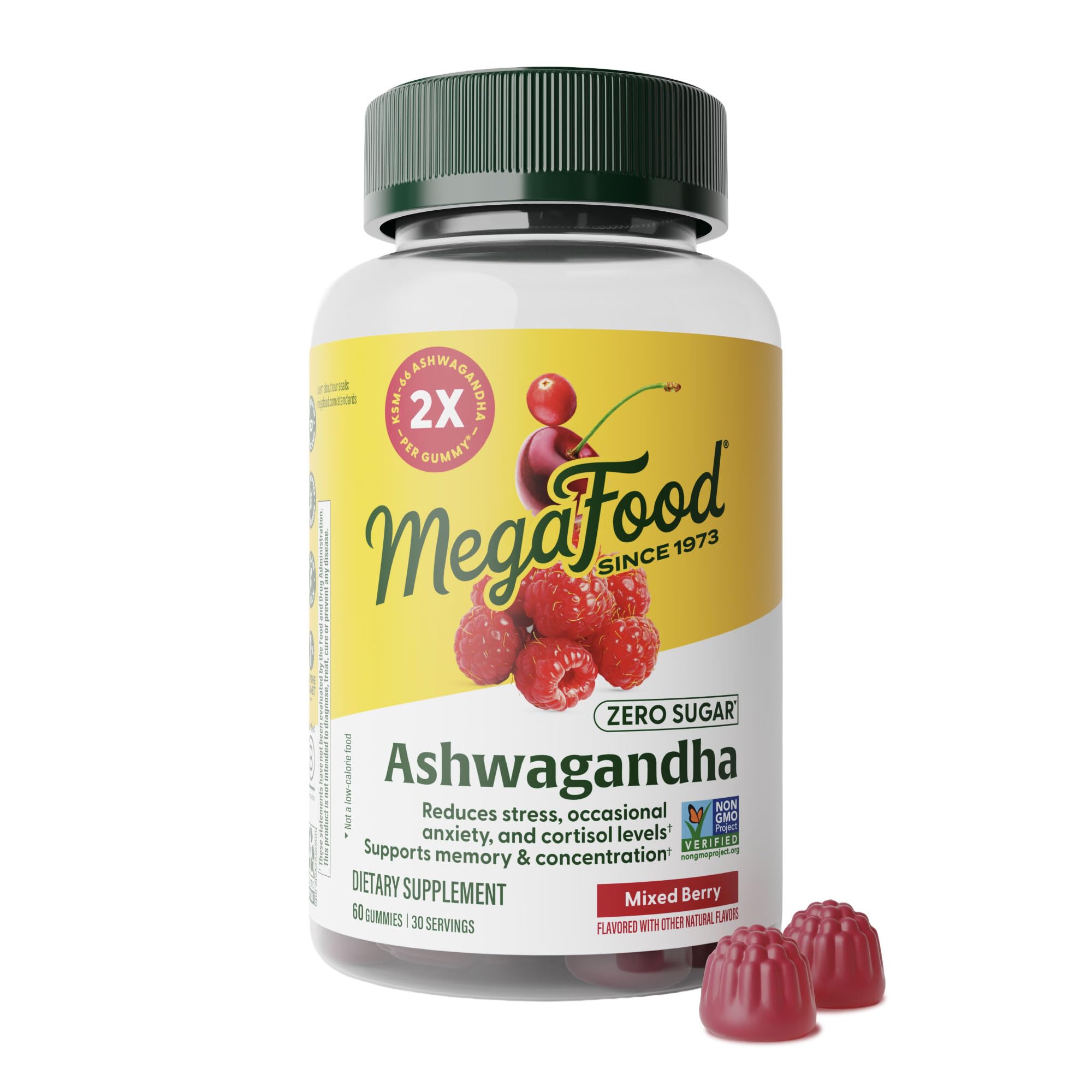 MegaFood frasco frontal de gomitas Ashwagandha muestra envase y beneficios