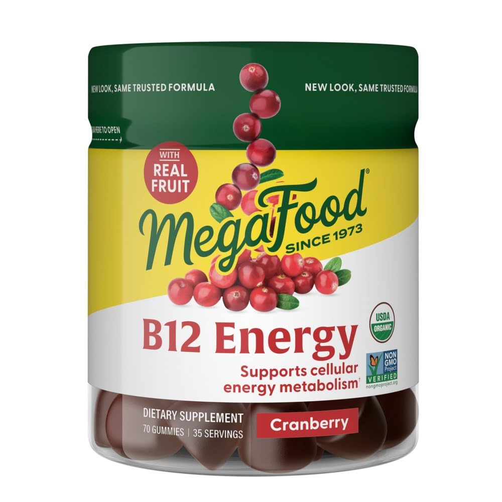 MegaFood bote frontal de gomitas B12 con arándano, presentación vegana y práctica