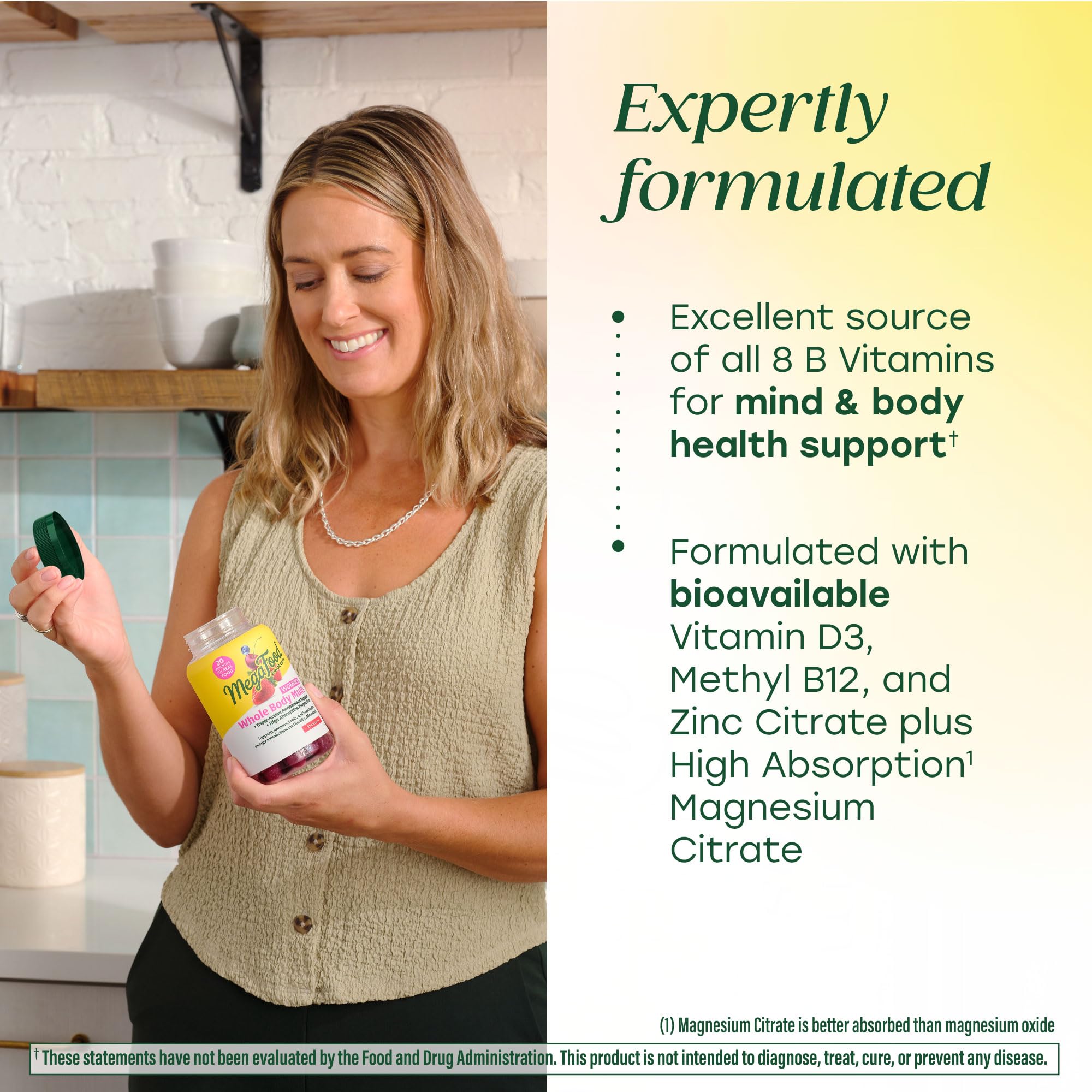 MegaFood botella abierta con gomitas visibles, accesibilidad del producto