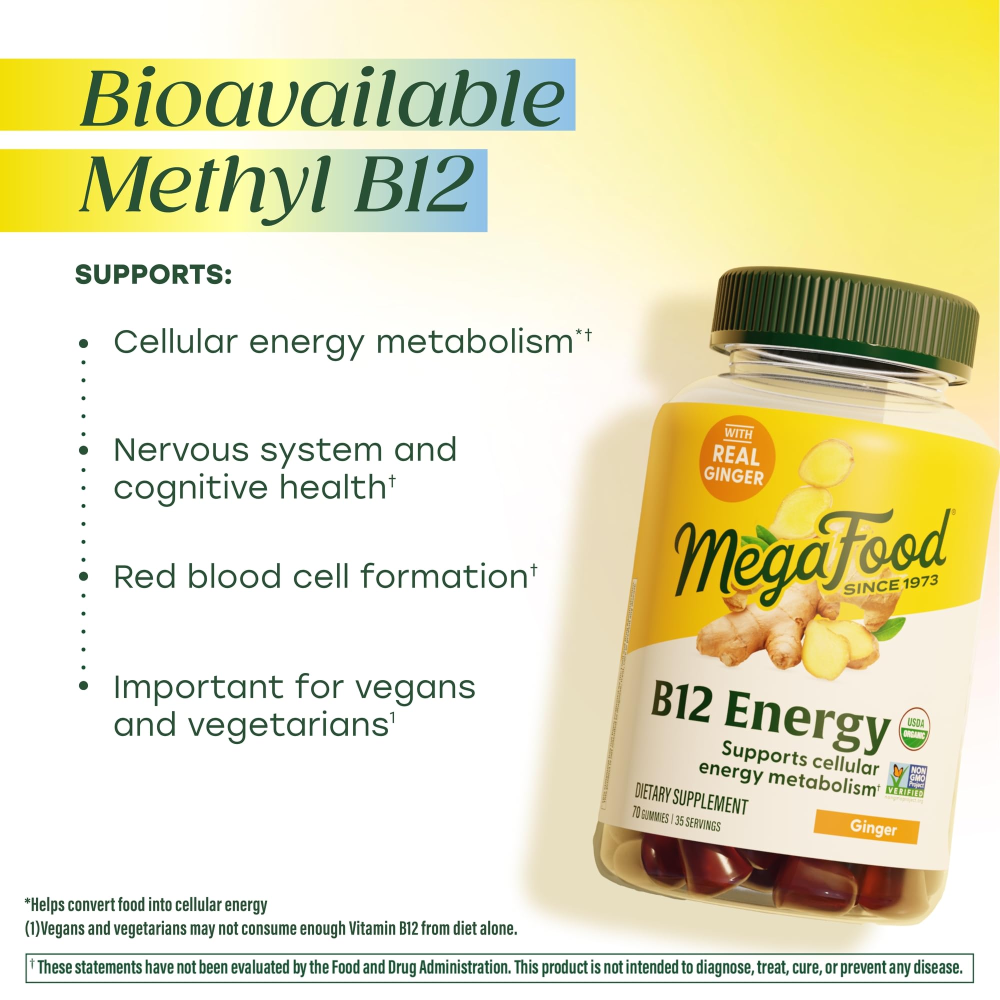 MegaFood raíz de jengibre real junto a gomita destacando sabor natural