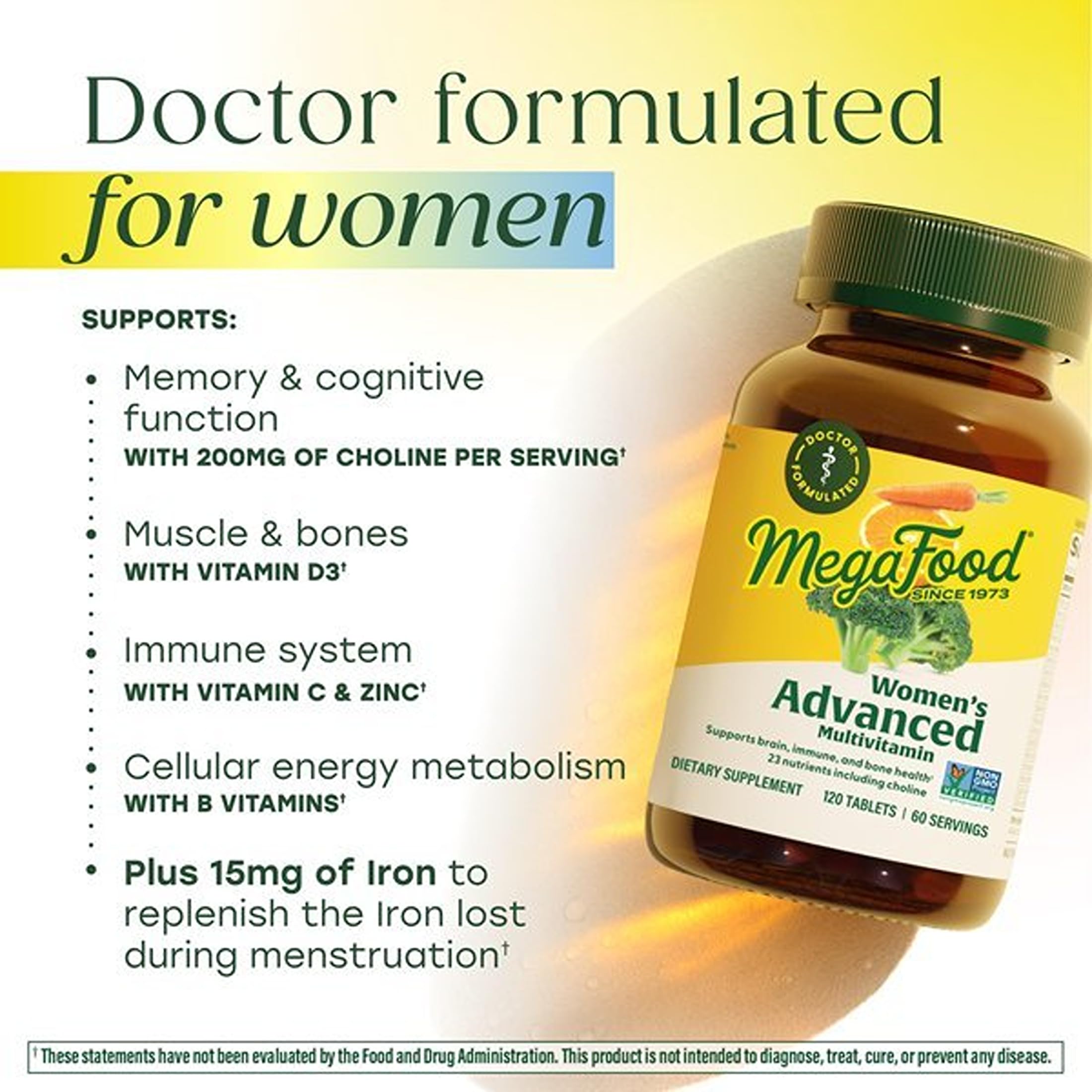 MegaFood ingredientes reales como brócoli y naranja mostrando origen alimentario