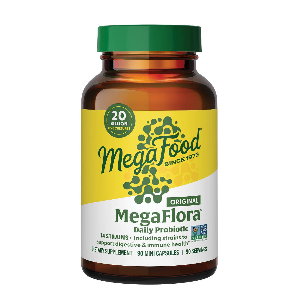 MegaFood frasco frontal mostrando etiqueta y beneficios visibles