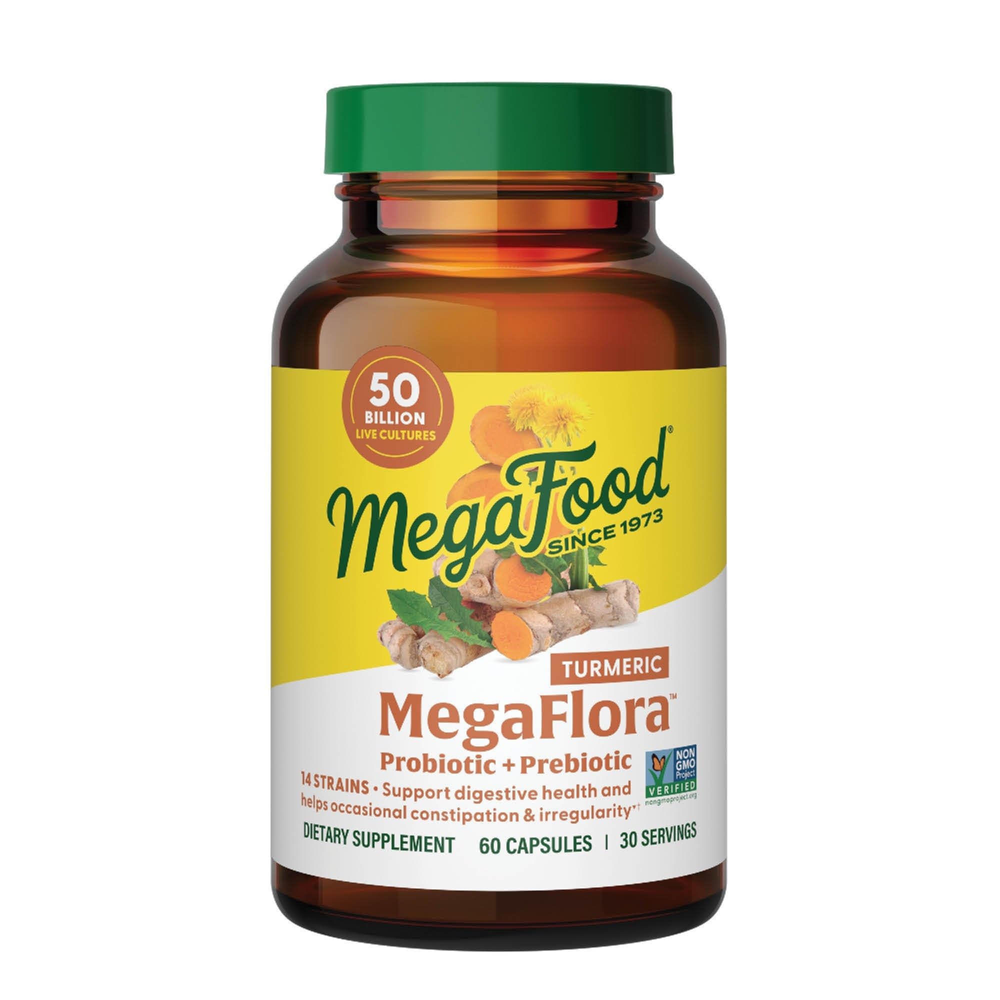 MegaFood MegaFlora frasco frontal mostrando diseño y tamaño del producto