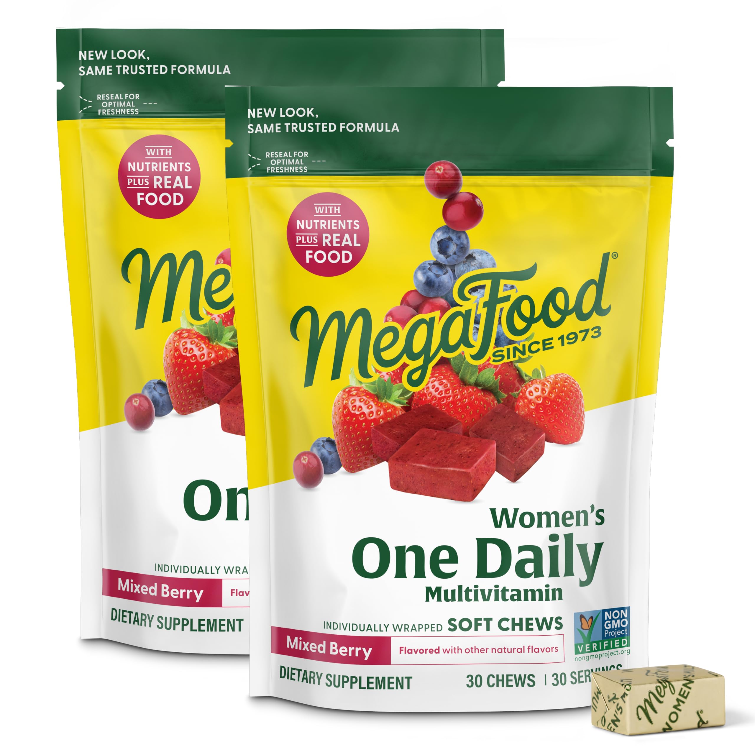 MegaFood envase frontal mostrando la presentación 2x30 y beneficio práctico