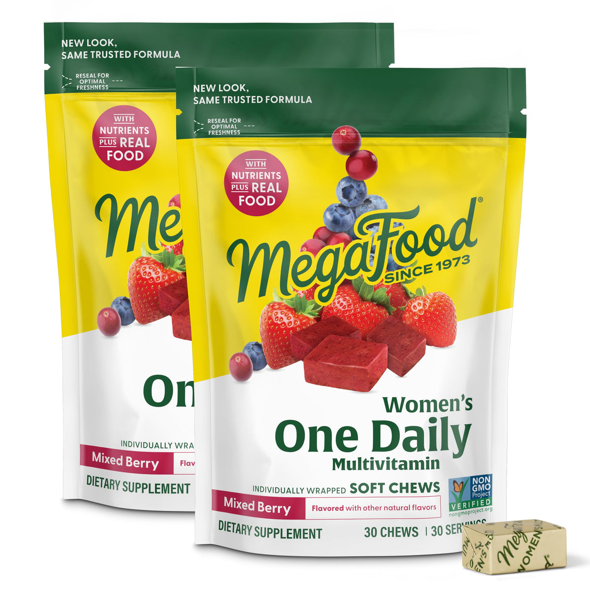 MegaFood envase frontal mostrando la presentación 2x30 y beneficio práctico