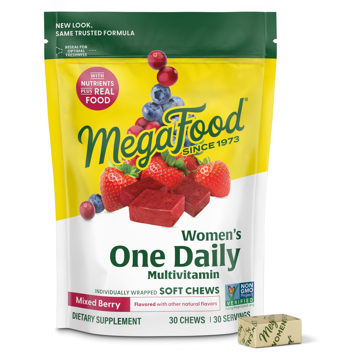MegaFood paquete frontal mostrando multivitaminas para mujeres y conveniencia diaria