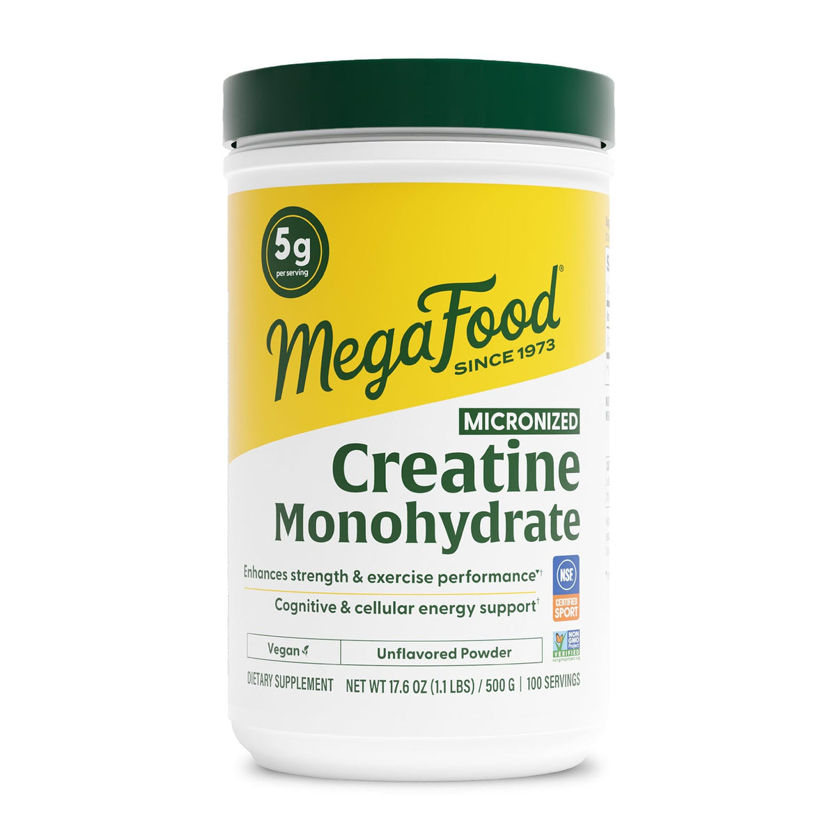 MegaFood bote frontal de creatina sin sabor mostrando tamaño y pureza