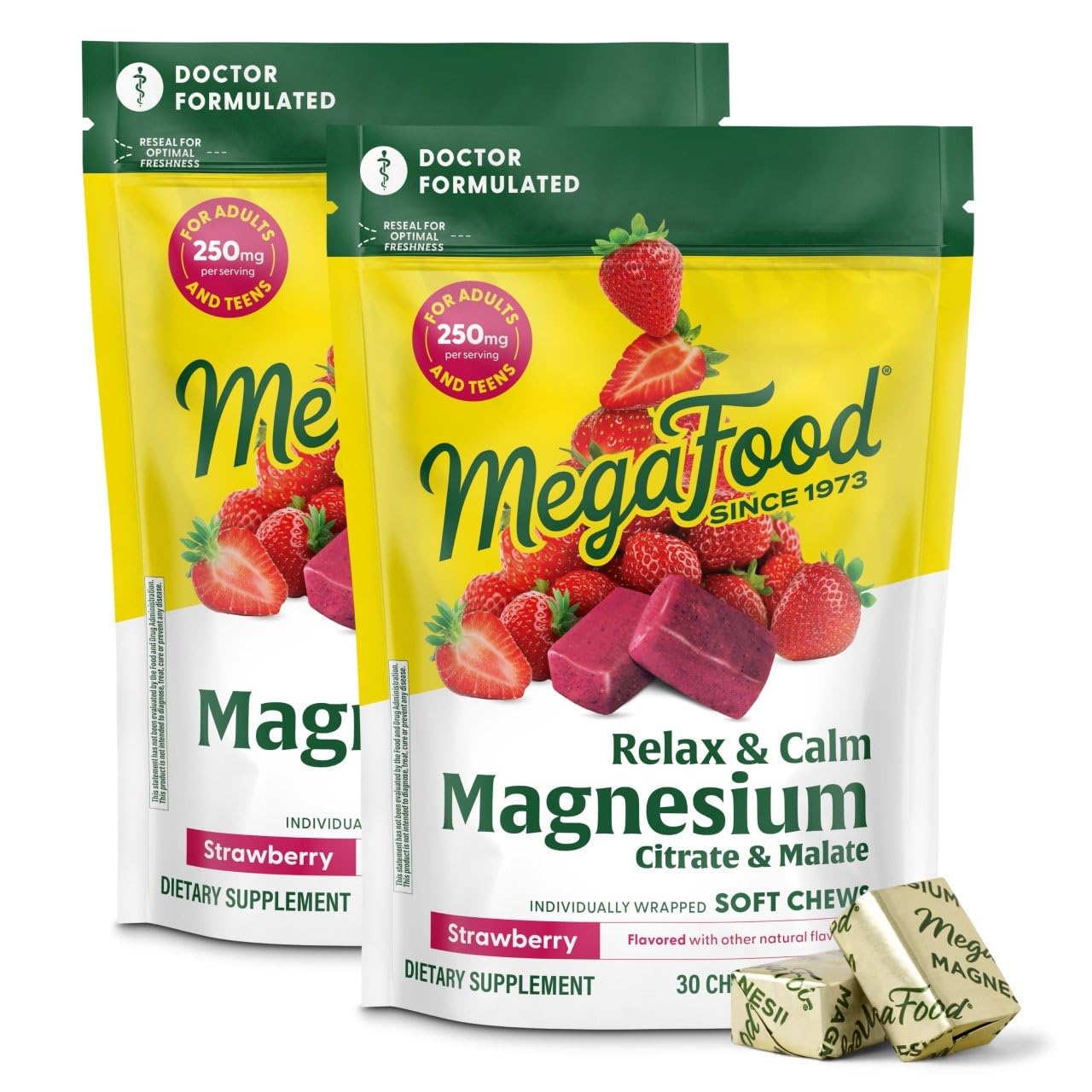 MegaFood envase frontal mostrando Relax + Calm fresa y beneficios