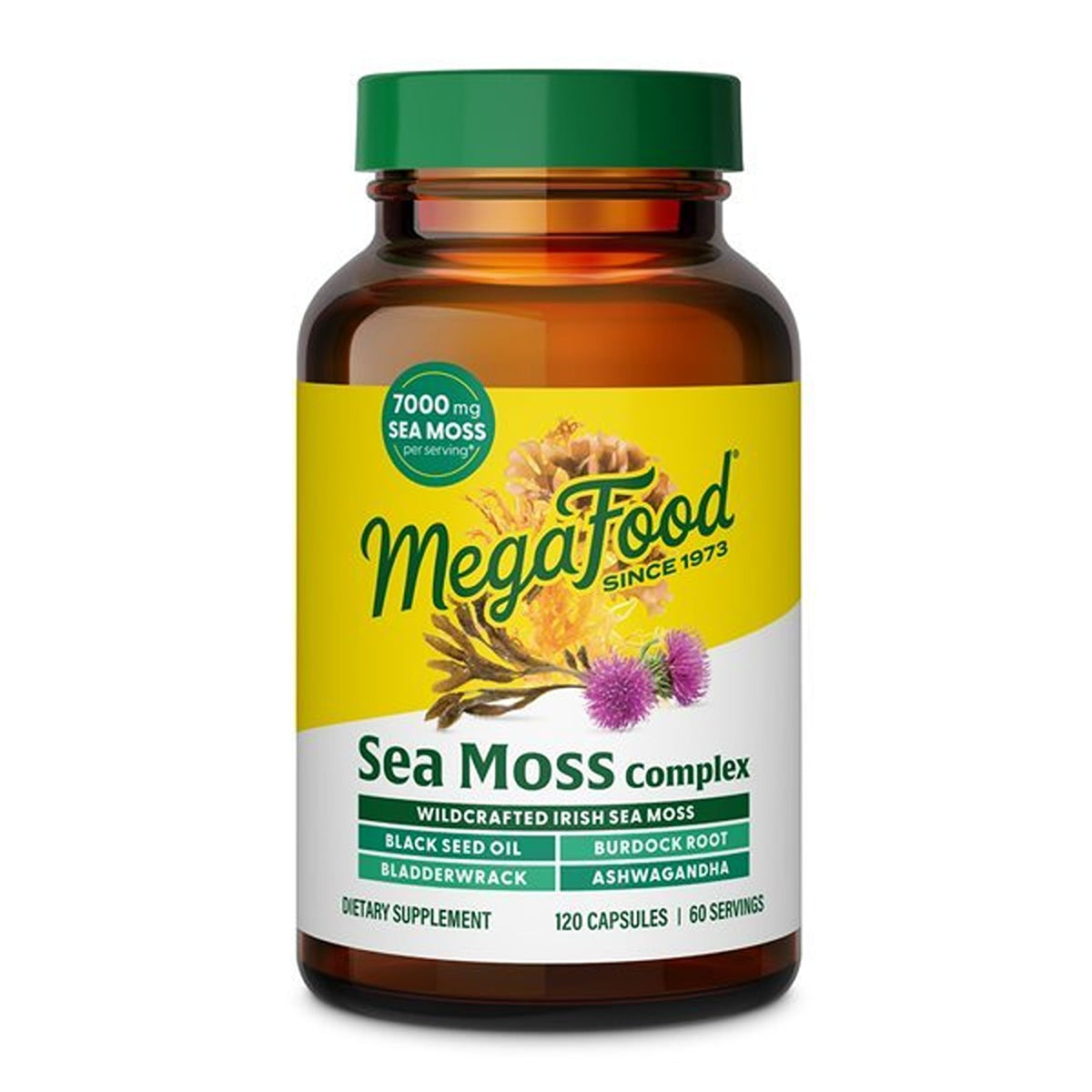 MegaFood frasco frontal de Sea Moss Complex, presentación clara y natural