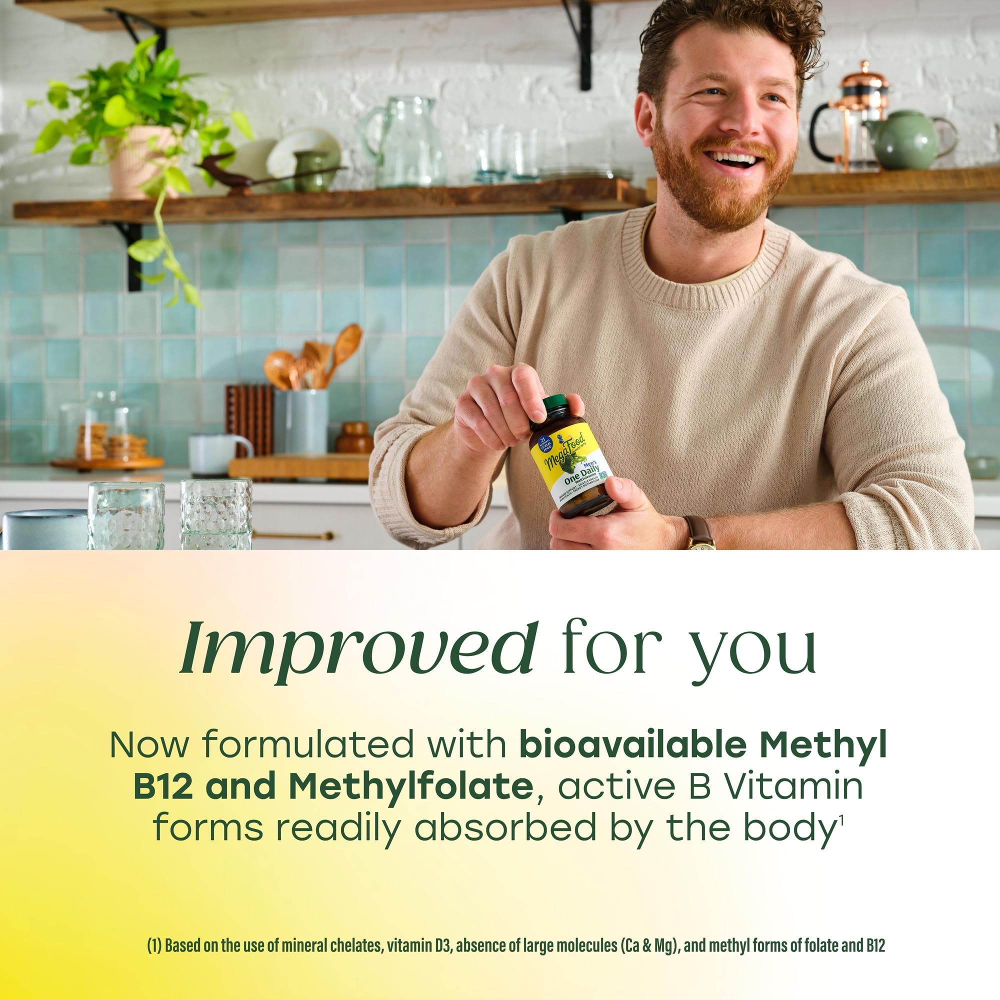 MegaFood tableta junto a un vaso de agua para simbolizar cómo tomarla fácilmente