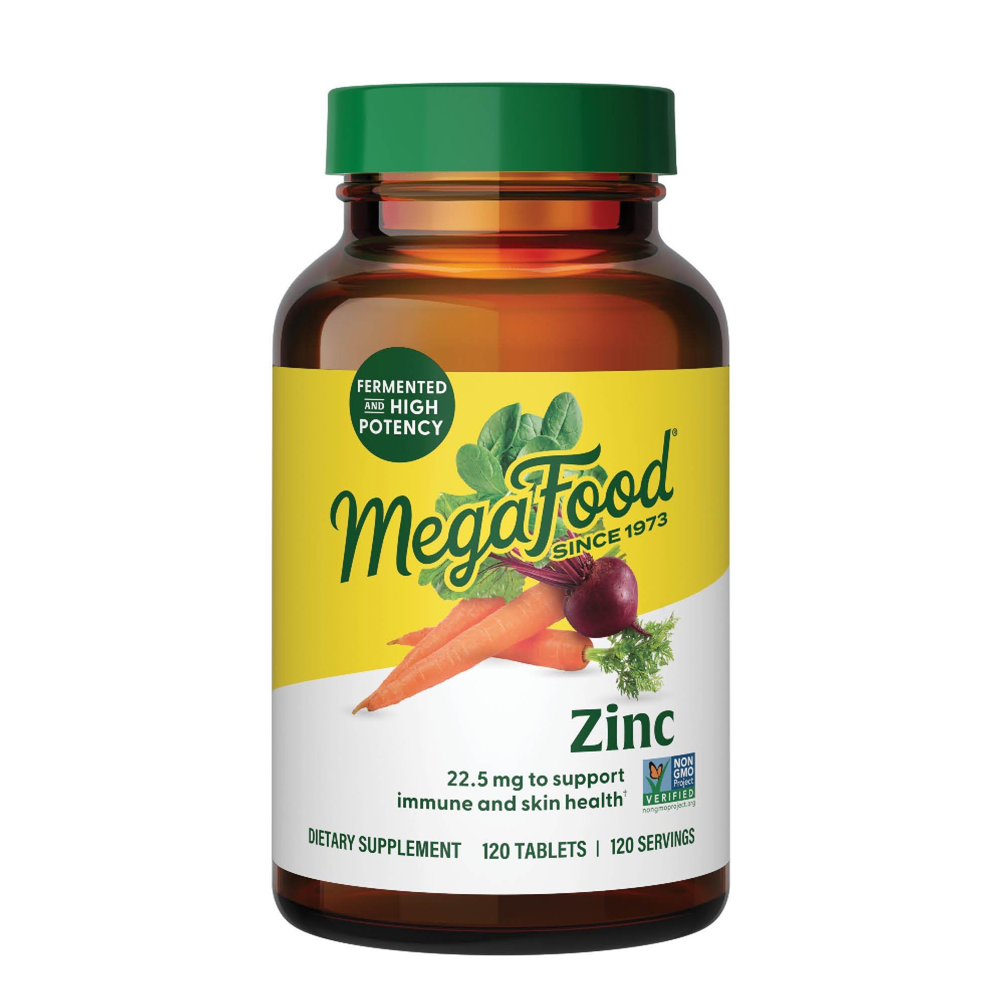 MegaFood frasco frente mostrando 120 comprimidos y diseño claro