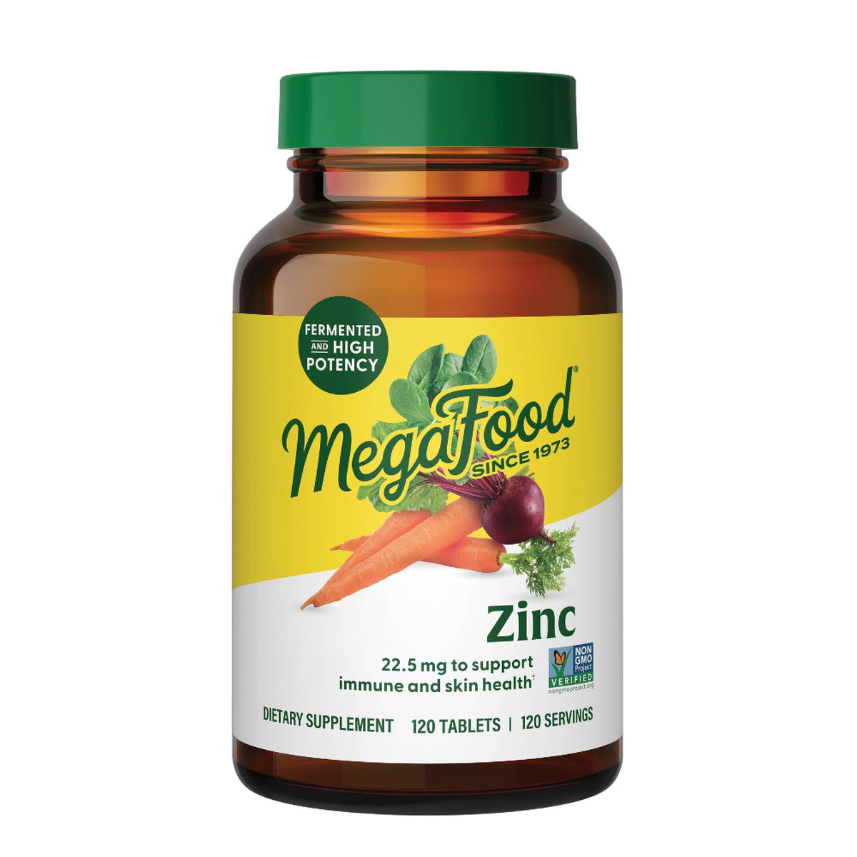 MegaFood frasco frente mostrando 120 comprimidos y diseño claro