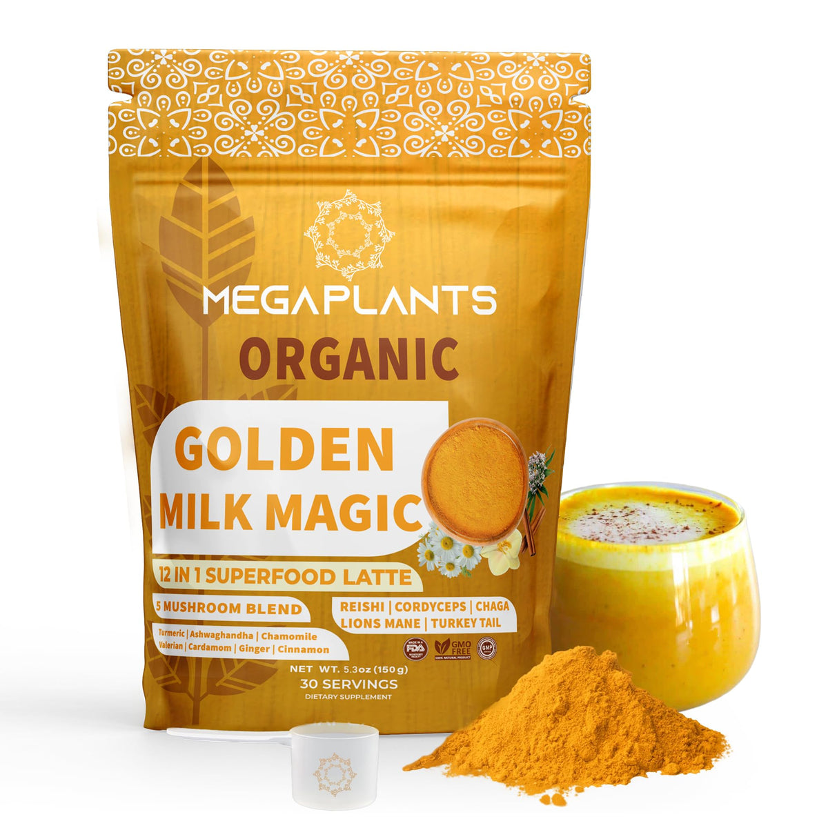 MEGAPLANTS envase frontal mostrando la mezcla dorada y beneficios visibles