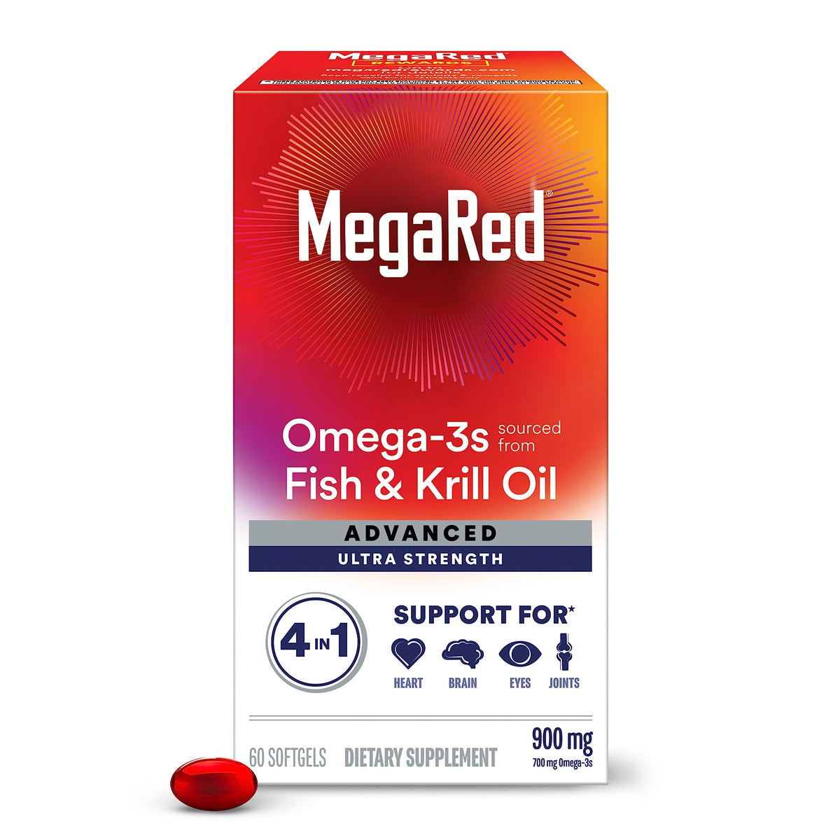 MegaRed envase frontal mostrando 60 softgels y beneficio de doble Omega‑3