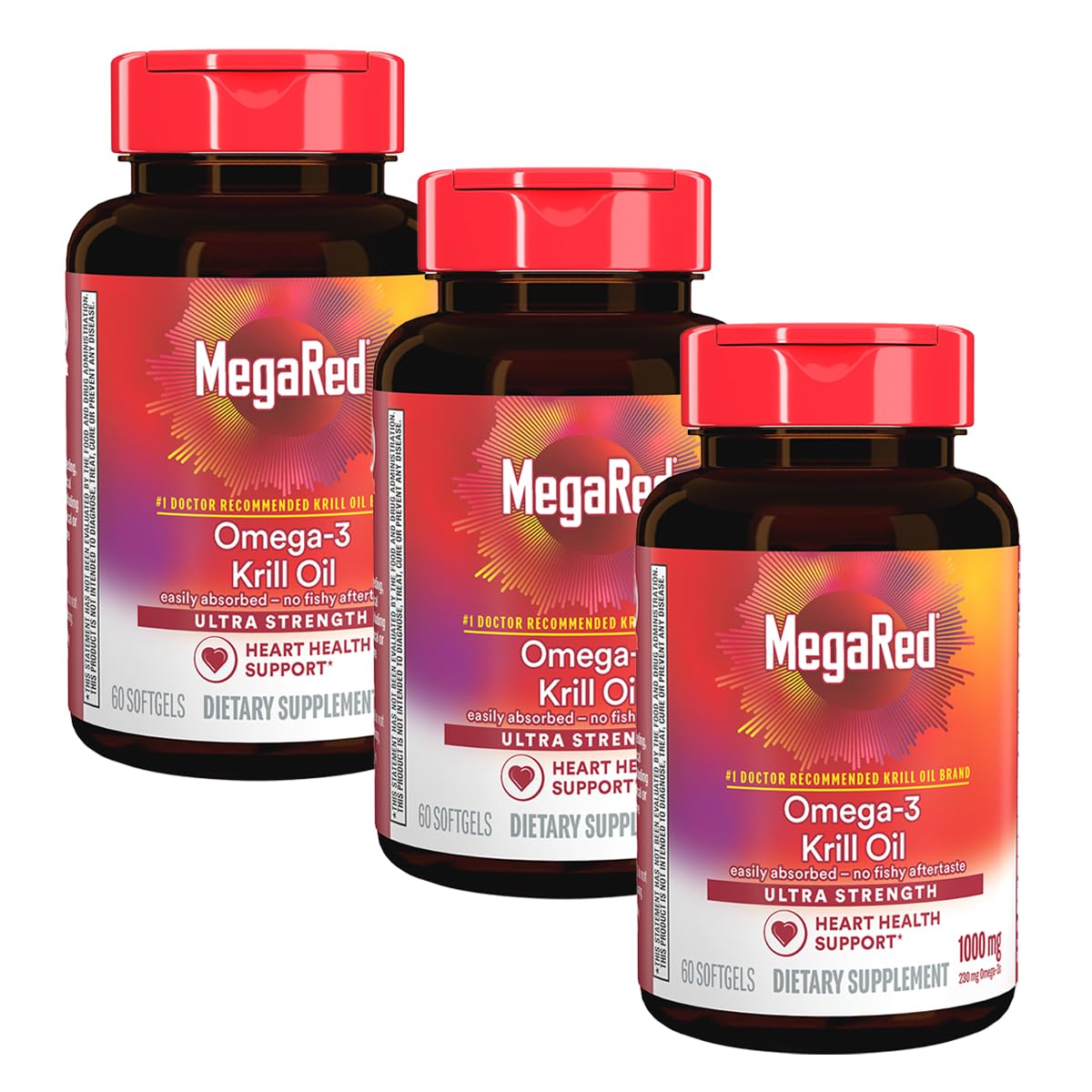 MegaRed frasco frontal mostrando etiqueta y beneficios para el corazón