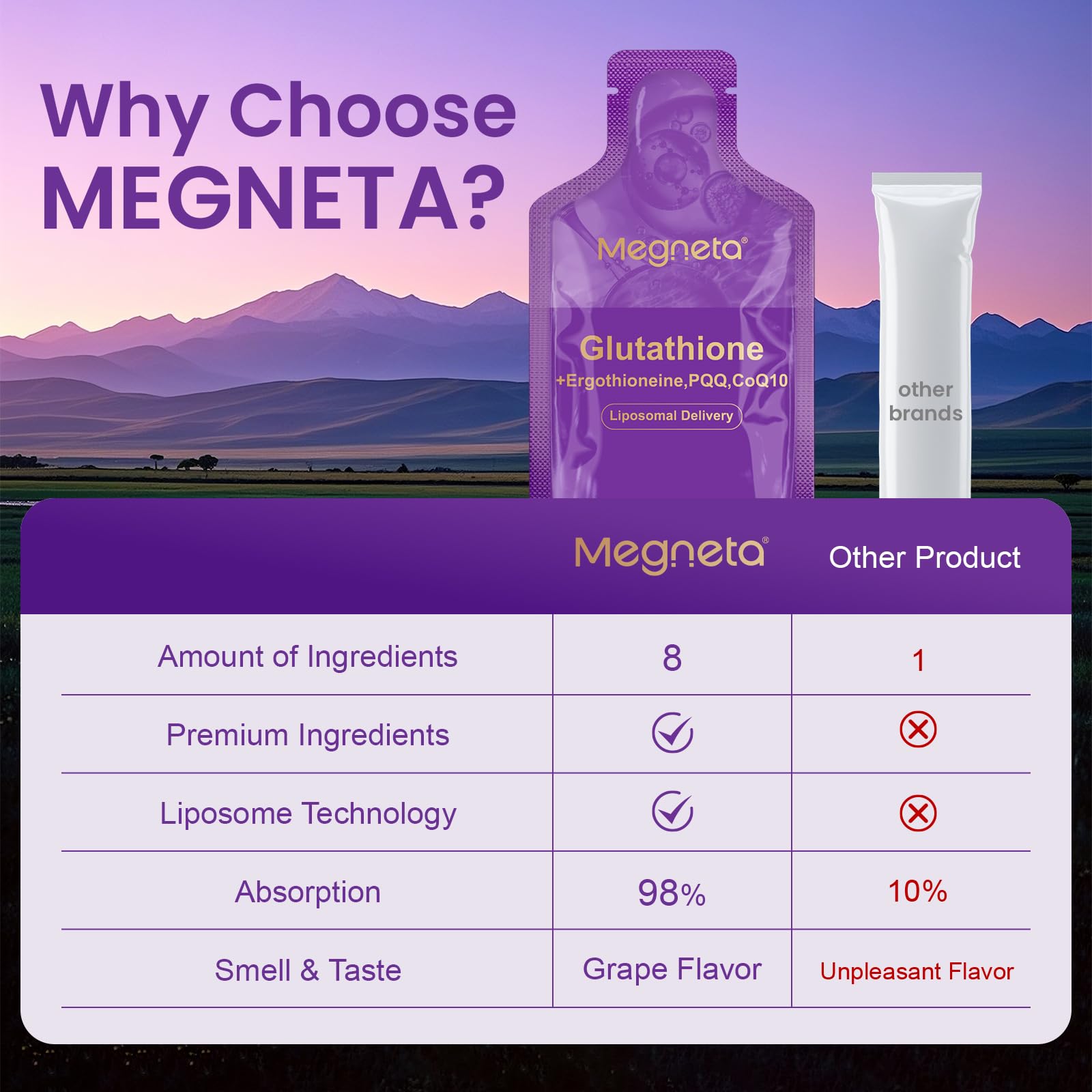 MEGNETA etiqueta de ingredientes destacando PQQ, CoQ10 y vitamina C