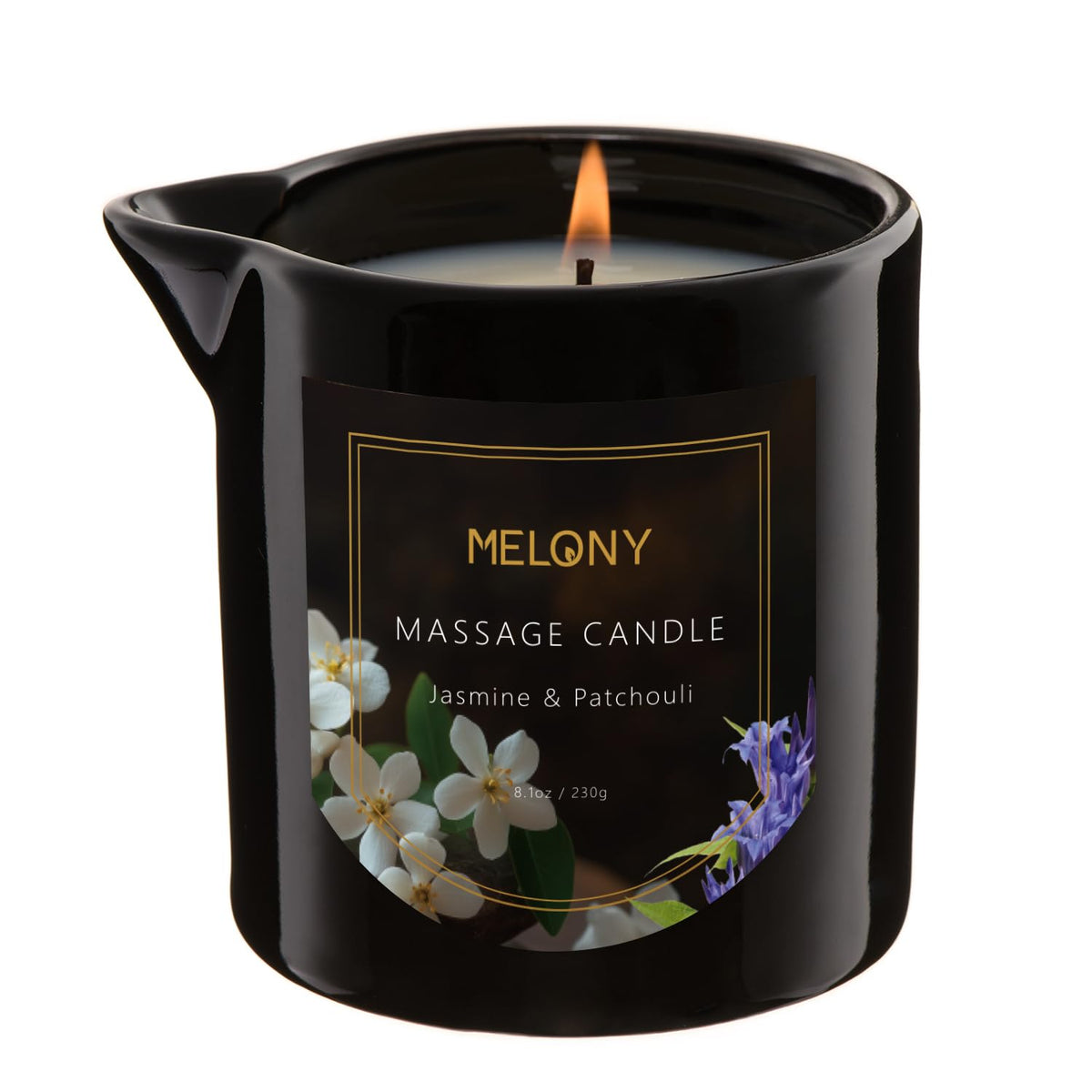 MELONY vela frontal en envase elegante, presenta uso aromaterapia y masaje