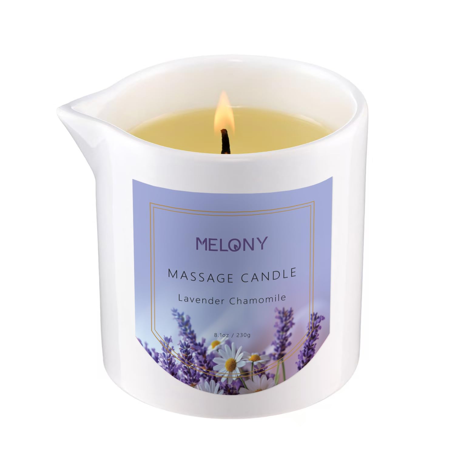 MELONY vela de masaje frontal mostrando envase elegante y fragancia