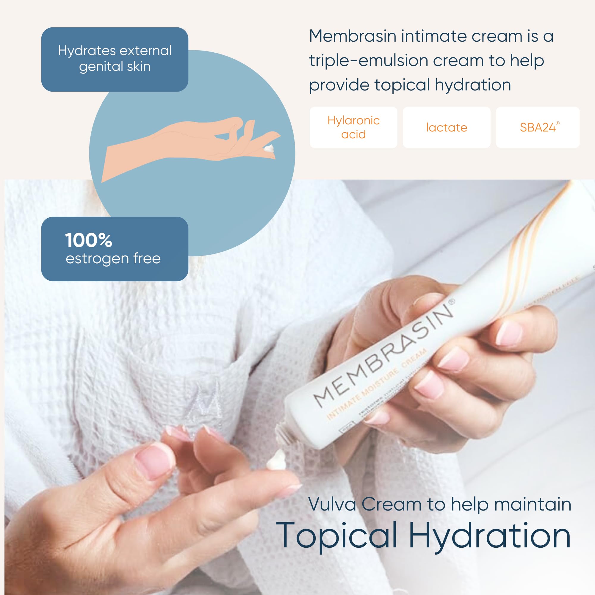 Membrasin mujer aplicando crema de forma discreta para alivio inmediato