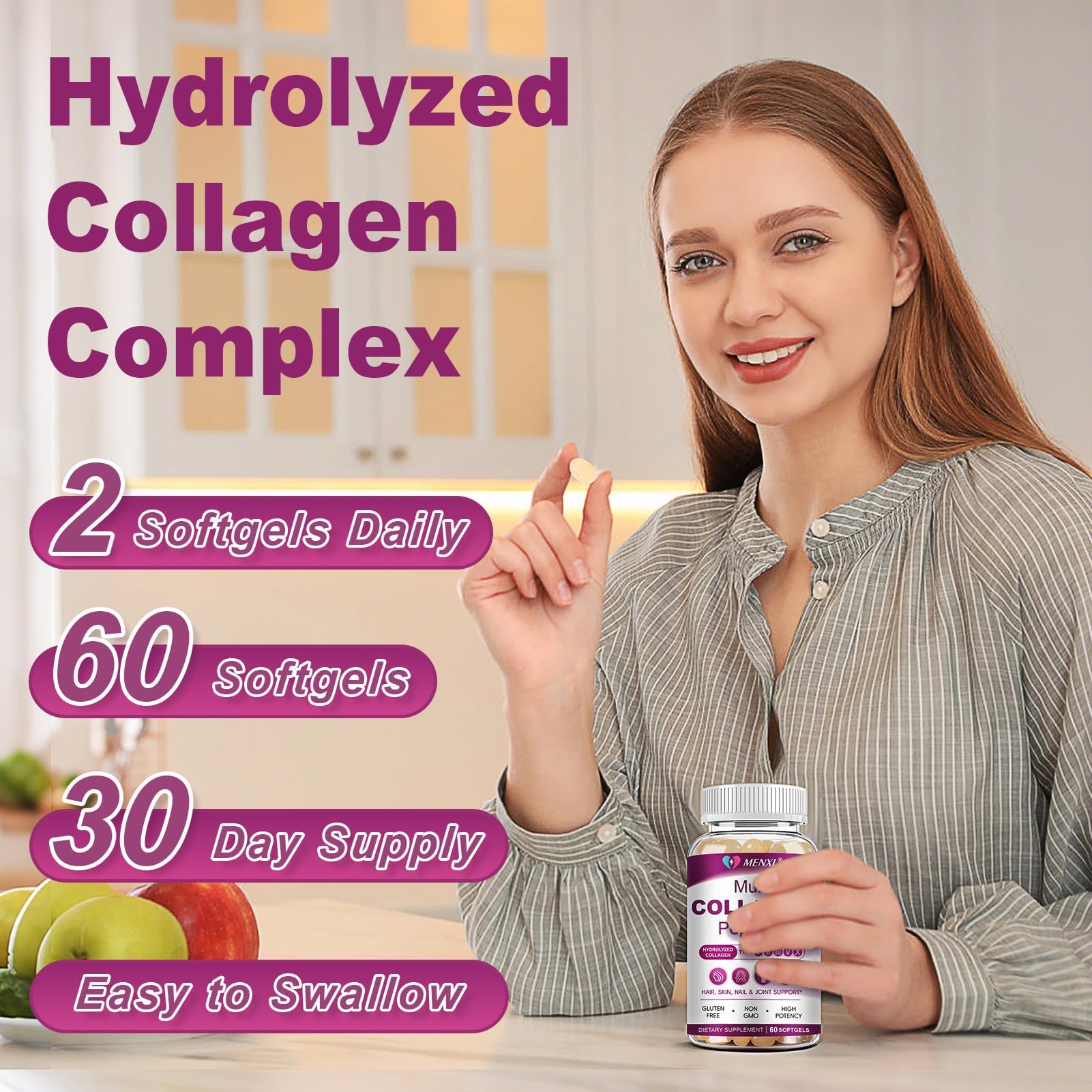 MENXI softgels en mano demostrando tamaño y comodidad de consumo