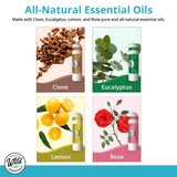 mEssentials etiqueta con listados de clavo y eucalipto mostrando ingredientes puros