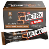 MET-Rx barra frontal empaquetada mostrando la marca y proteína portátil