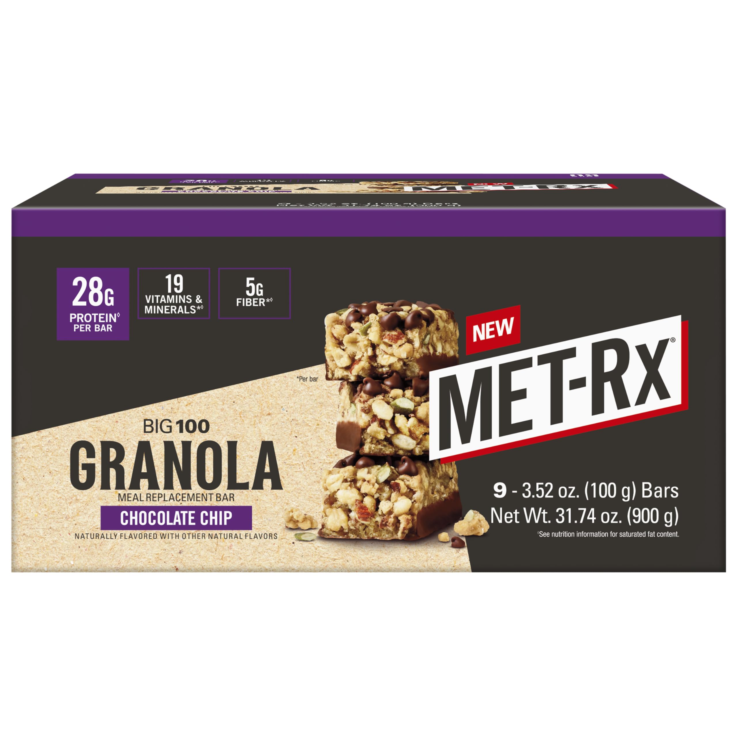 MET-Rx barrita frontal del empaque mostrando sabor y beneficio proteico