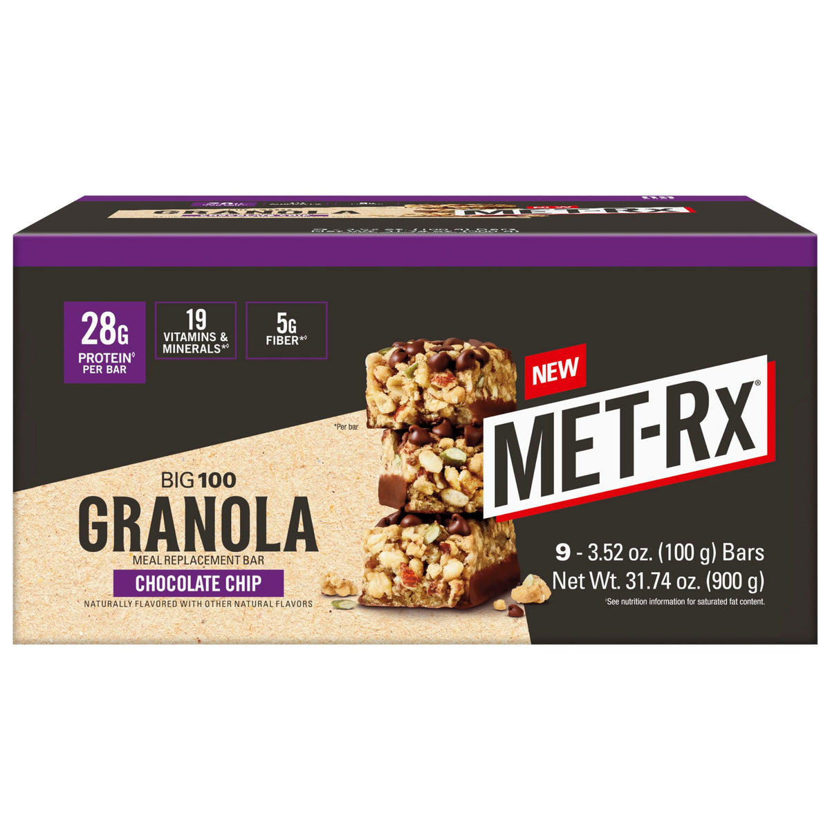MET-Rx barrita frontal del empaque mostrando sabor y beneficio proteico