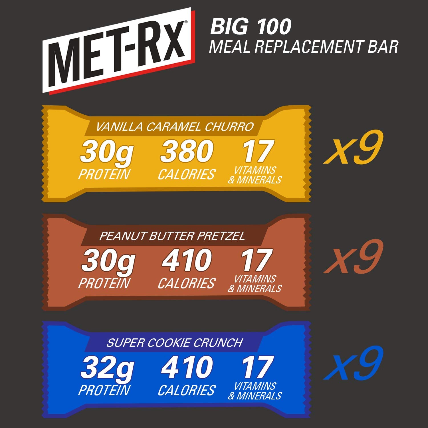 Barra MET-Rx Big 100 abierta con capas visibles y apariencia apetitosa