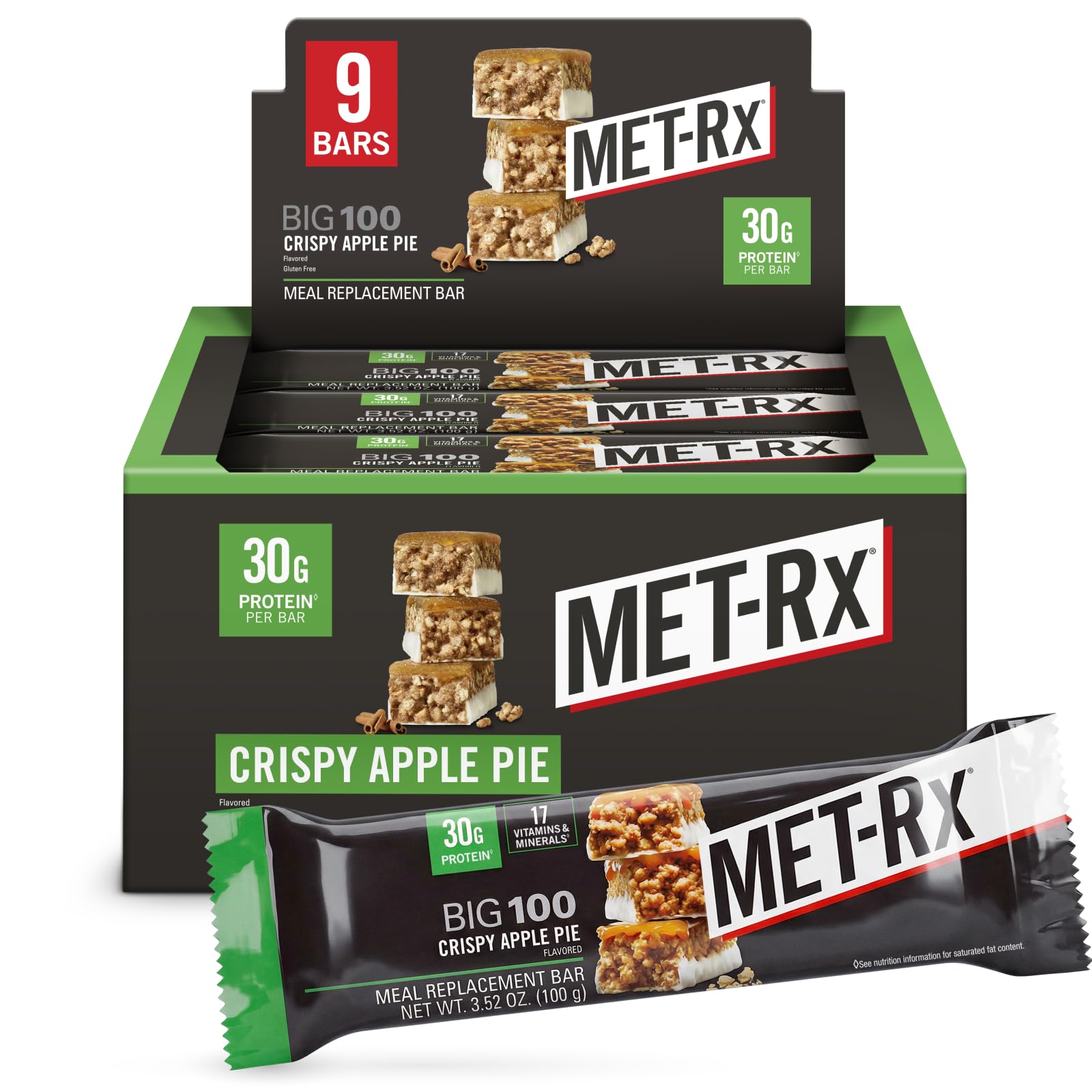 MET-Rx caja frontal mostrando 9 barritas y beneficio de conveniencia