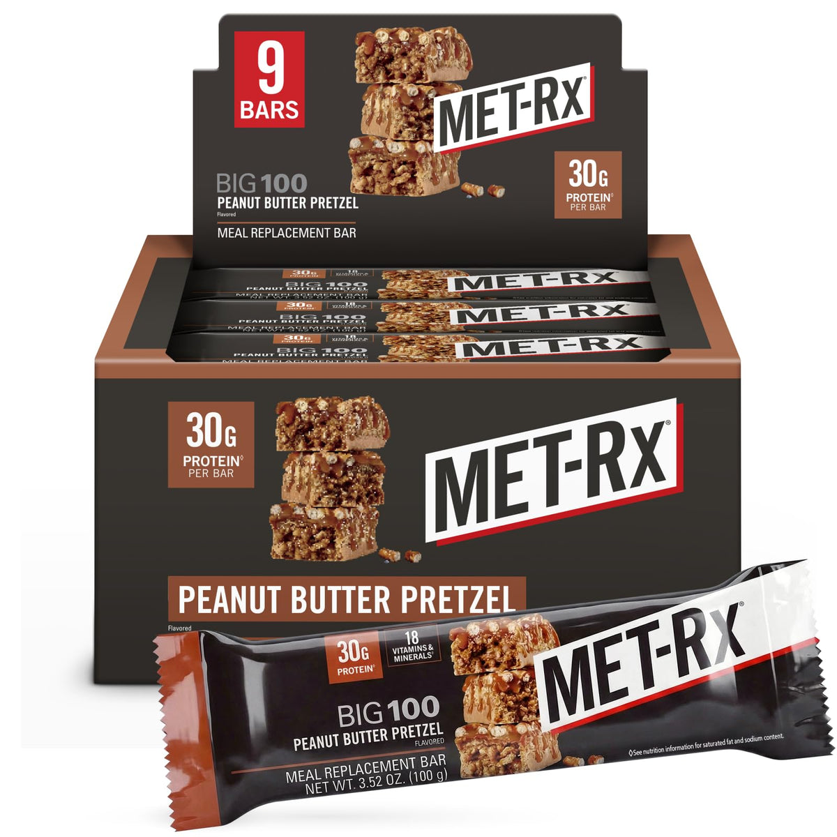 MET-Rx empaque frontal mostrando 9 barritas y beneficio conveniencia