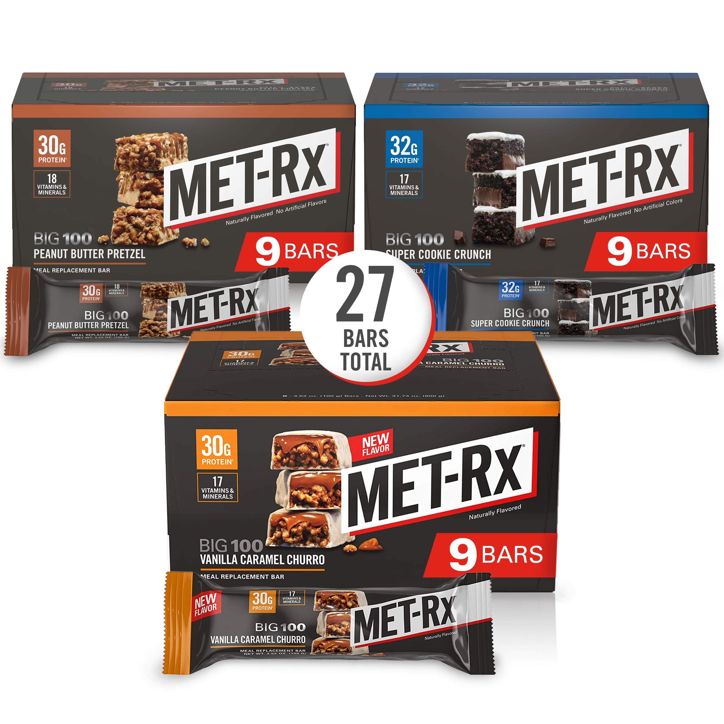 MET-Rx paquete frontal del producto mostrando el diseño y proteínas 30 g