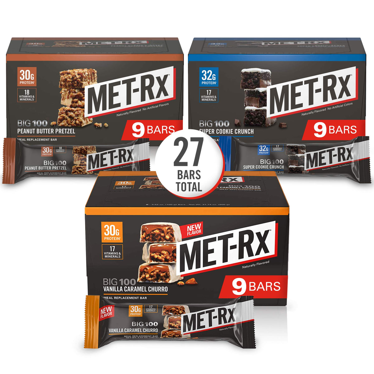 MET-Rx paquete frontal del producto mostrando el diseño y proteínas 30 g