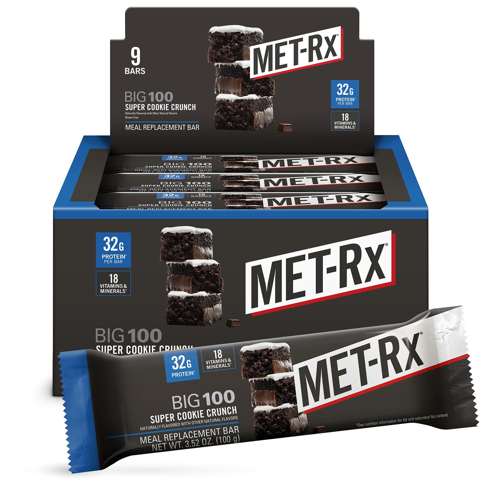 MET-Rx empaque frontal mostrando sabor Super Cookie Crunch y conveniencia